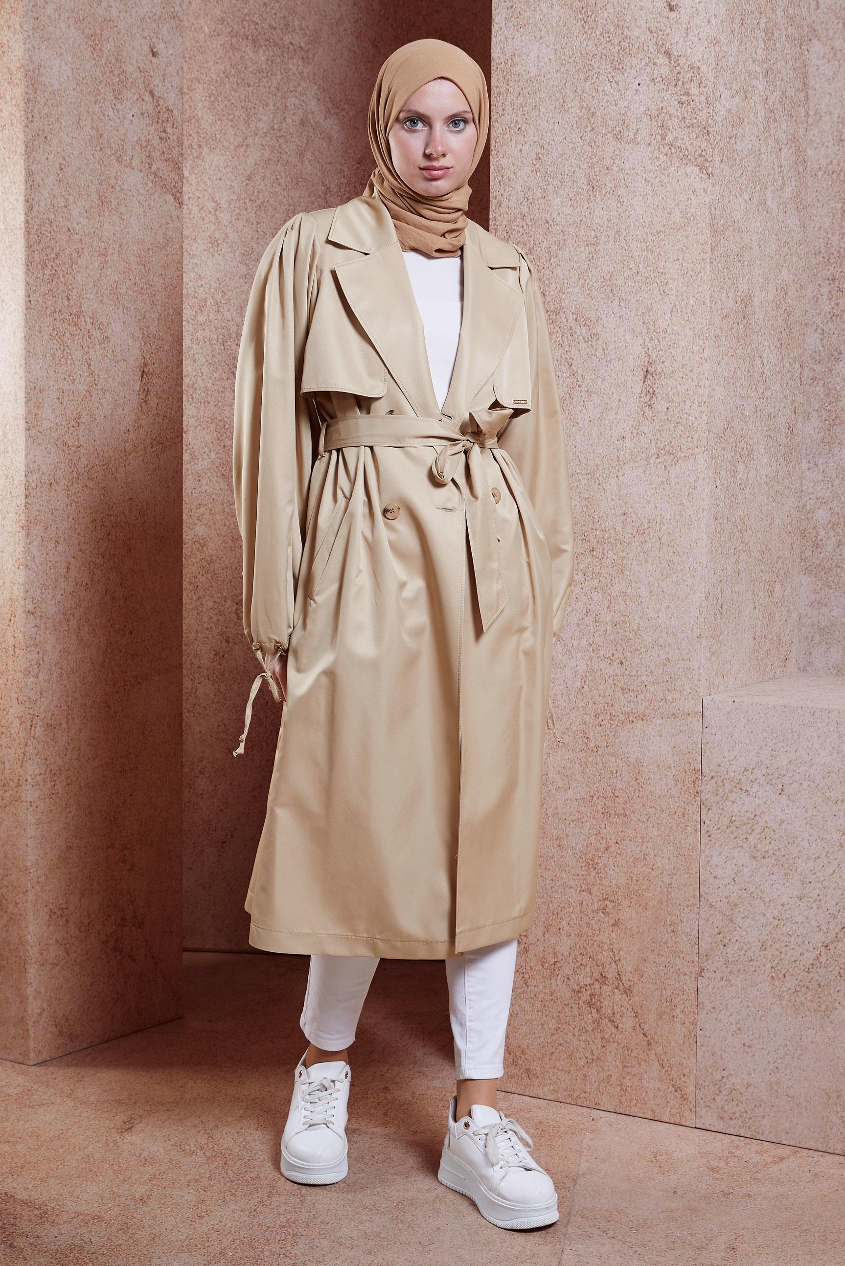 Tesettür giyim BEJ KUŞAKLI TRENÇKOT 10898