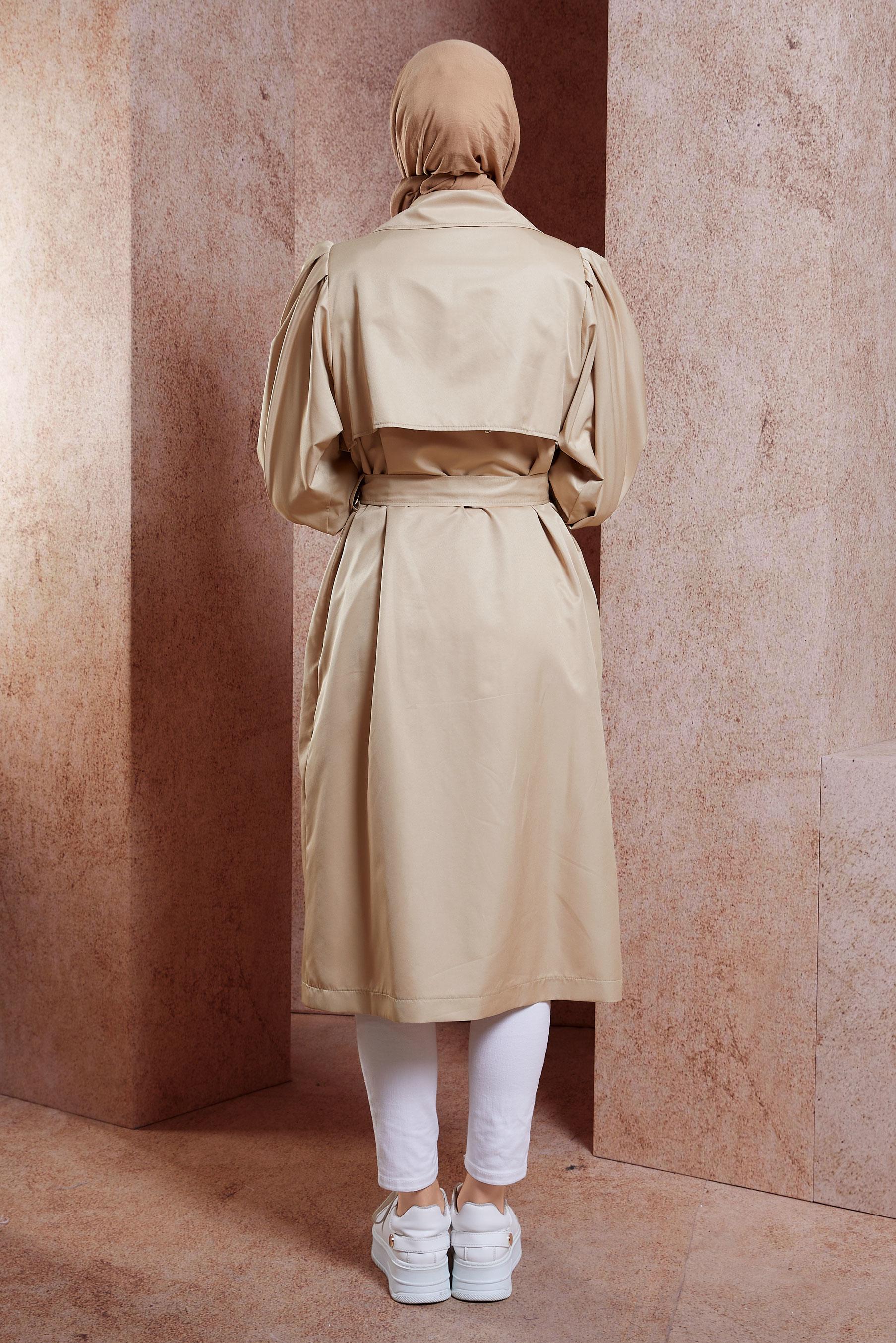 Tesettür giyim BEJ KUŞAKLI TRENÇKOT 10898