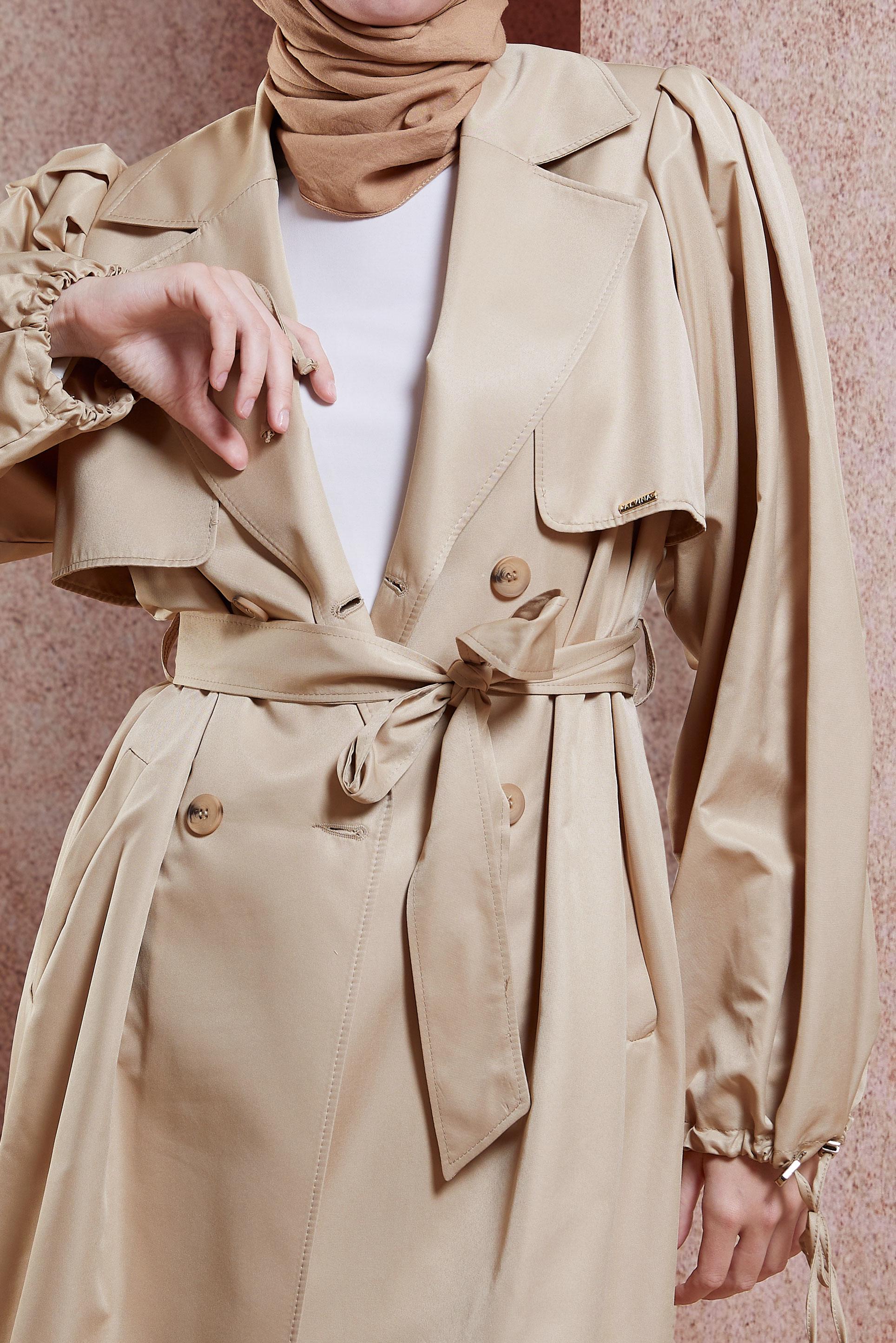 Tesettür giyim BEJ KUŞAKLI TRENÇKOT 10898