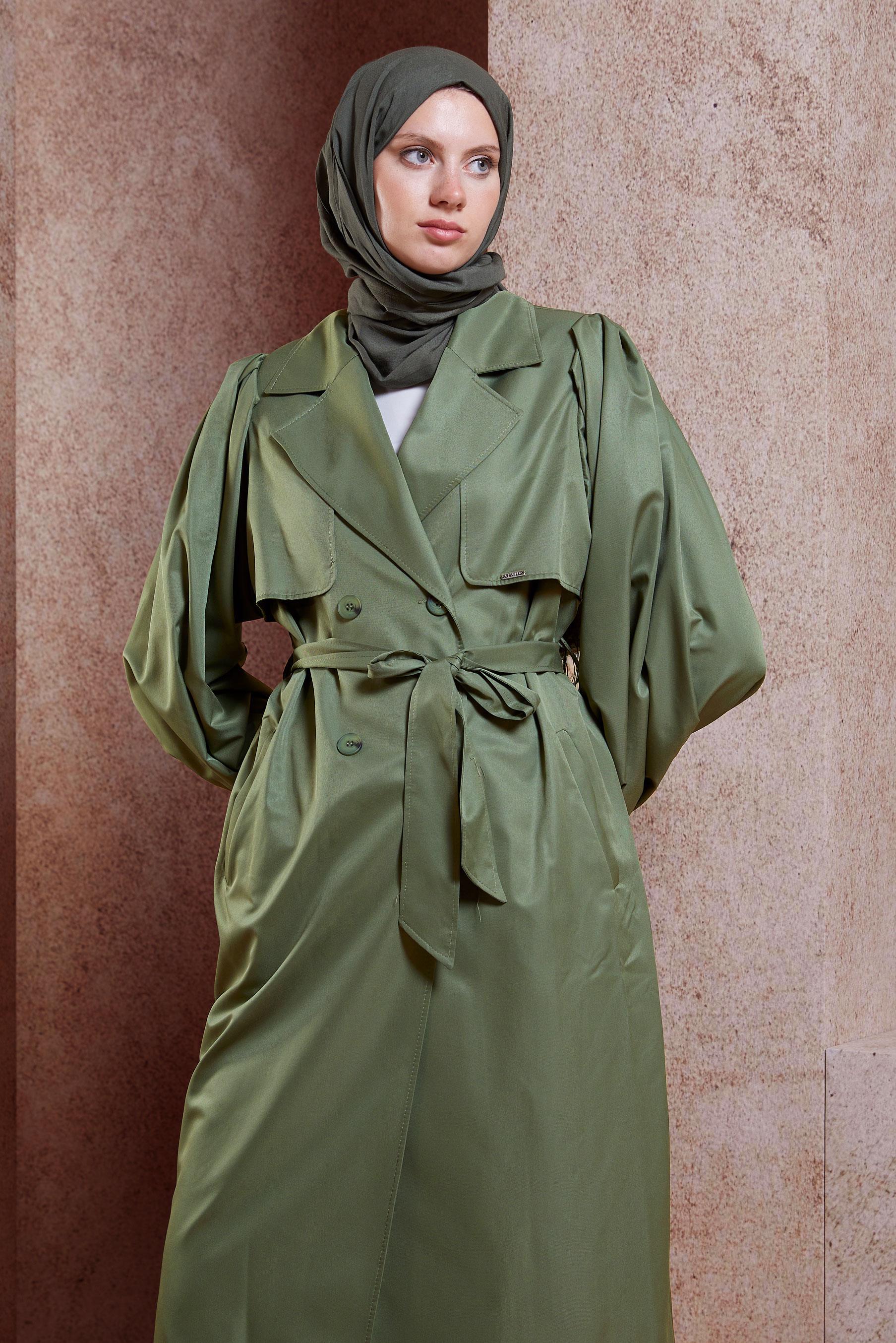 Tesettür giyim HAKİ KUŞAKLI TRENÇKOT 10898