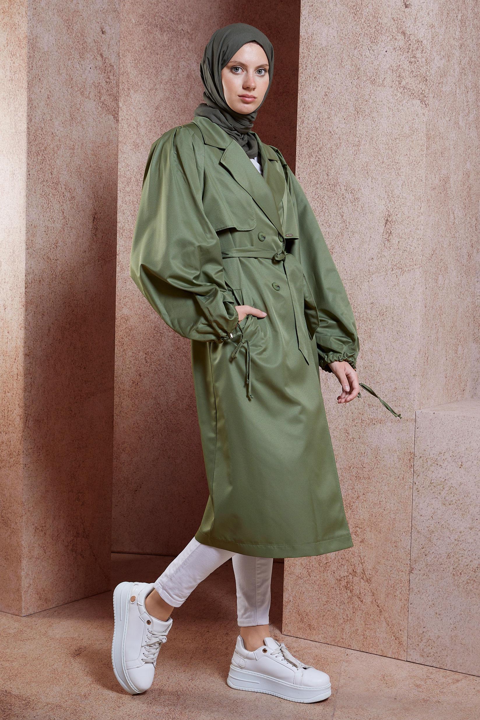 Tesettür giyim HAKİ KUŞAKLI TRENÇKOT 10898