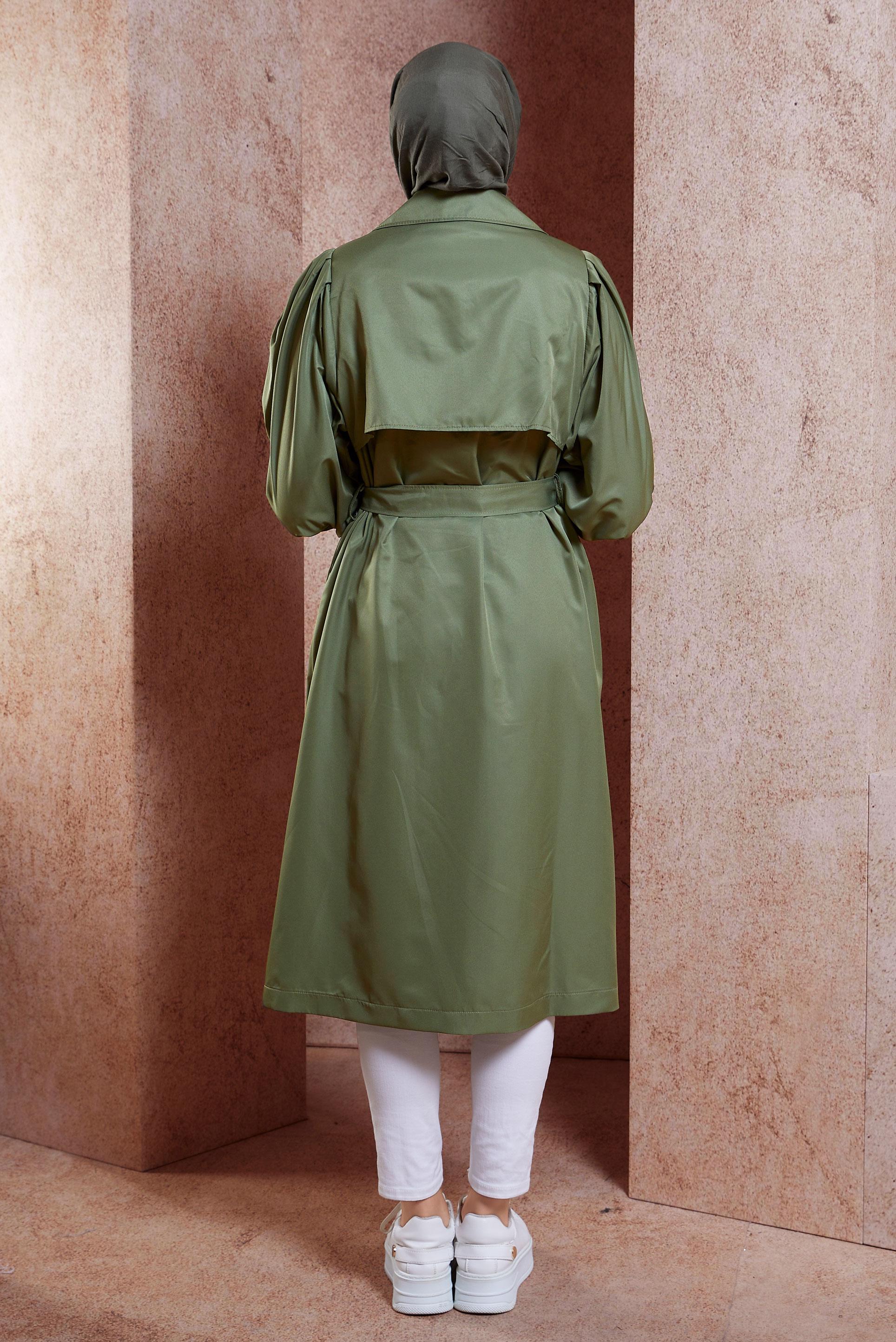 Tesettür giyim HAKİ KUŞAKLI TRENÇKOT 10898