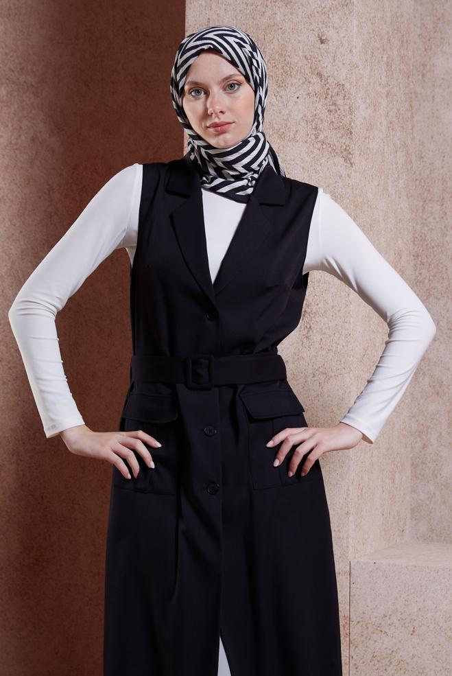 Vêtements hijab NOIR GILET CEINTURÉ 44657 - ALVİNA