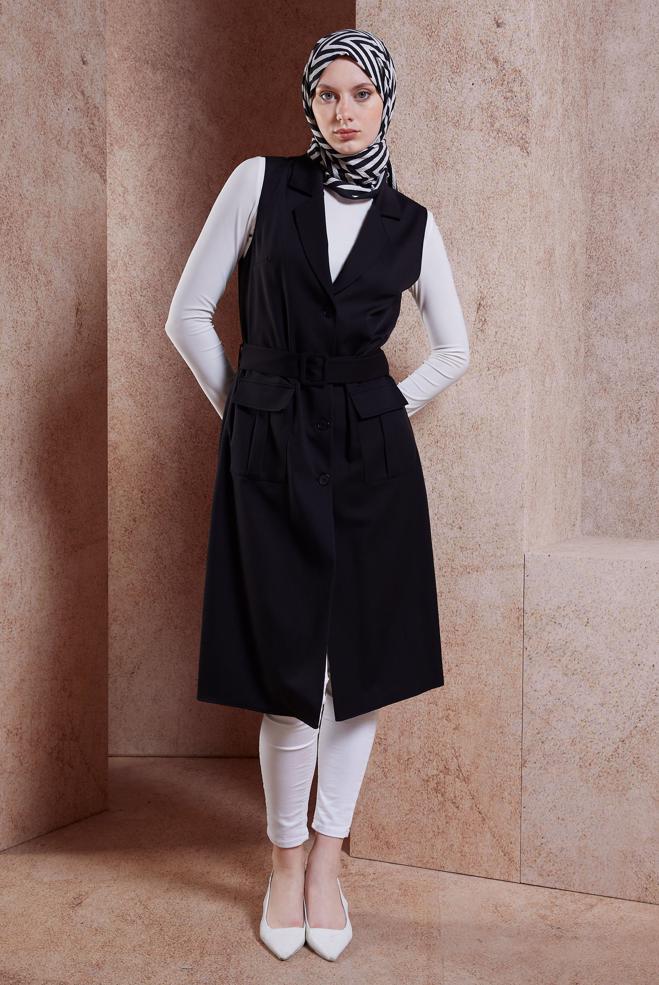 Vêtements hijab NOIR GILET CEINTURÉ 44657 - ALVİNA