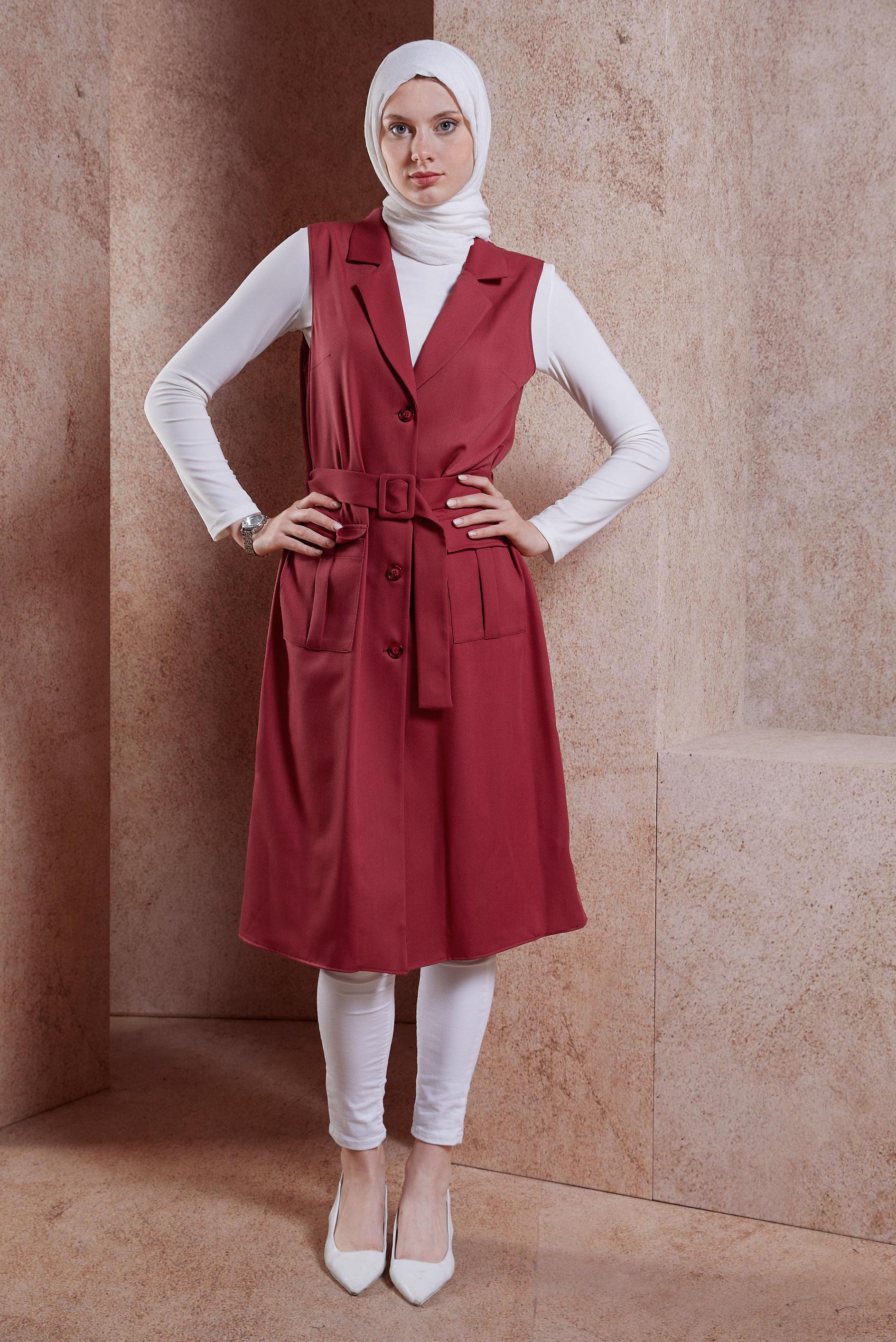 Tesettür giyim KIRMIZI KEMERLİ YELEK 44657