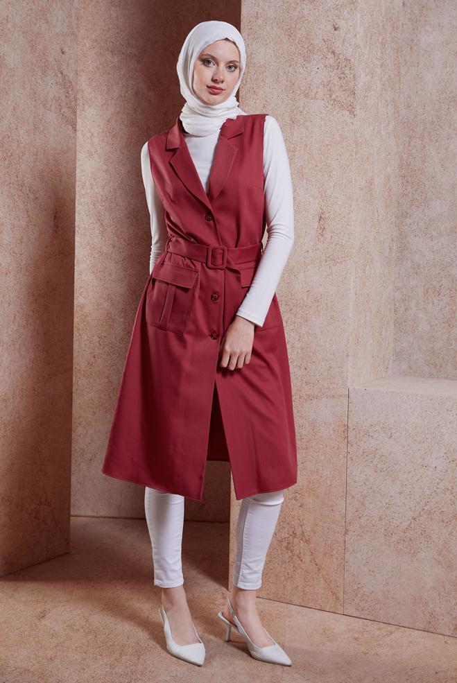 Tesettür giyim KIRMIZI KEMERLİ YELEK 44657 - ALVİNA
