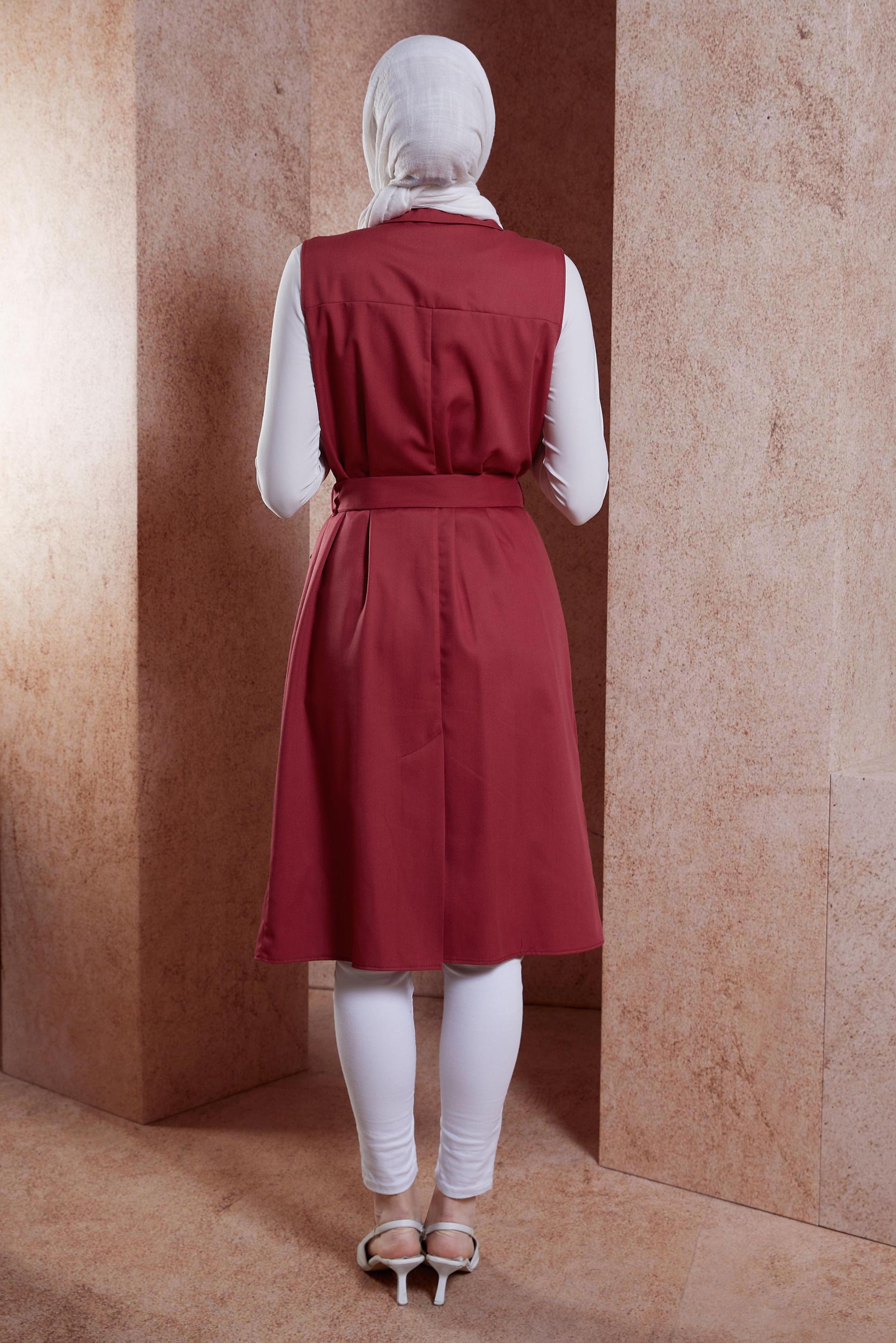 Tesettür giyim KIRMIZI KEMERLİ YELEK 44657