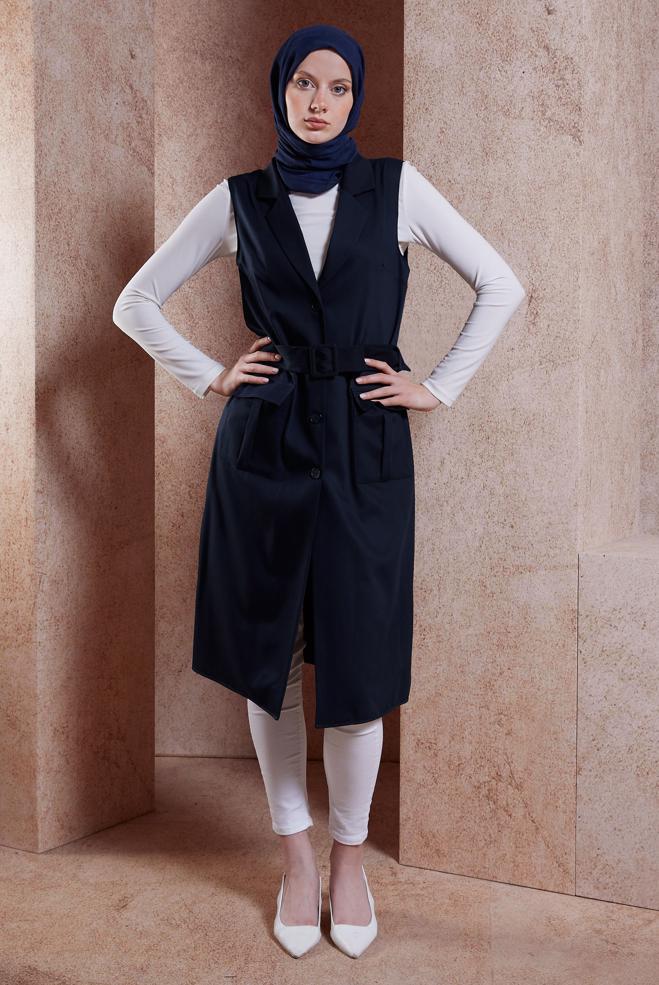 Tesettür giyim LACİVERT KEMERLİ YELEK 44657 - ALVİNA