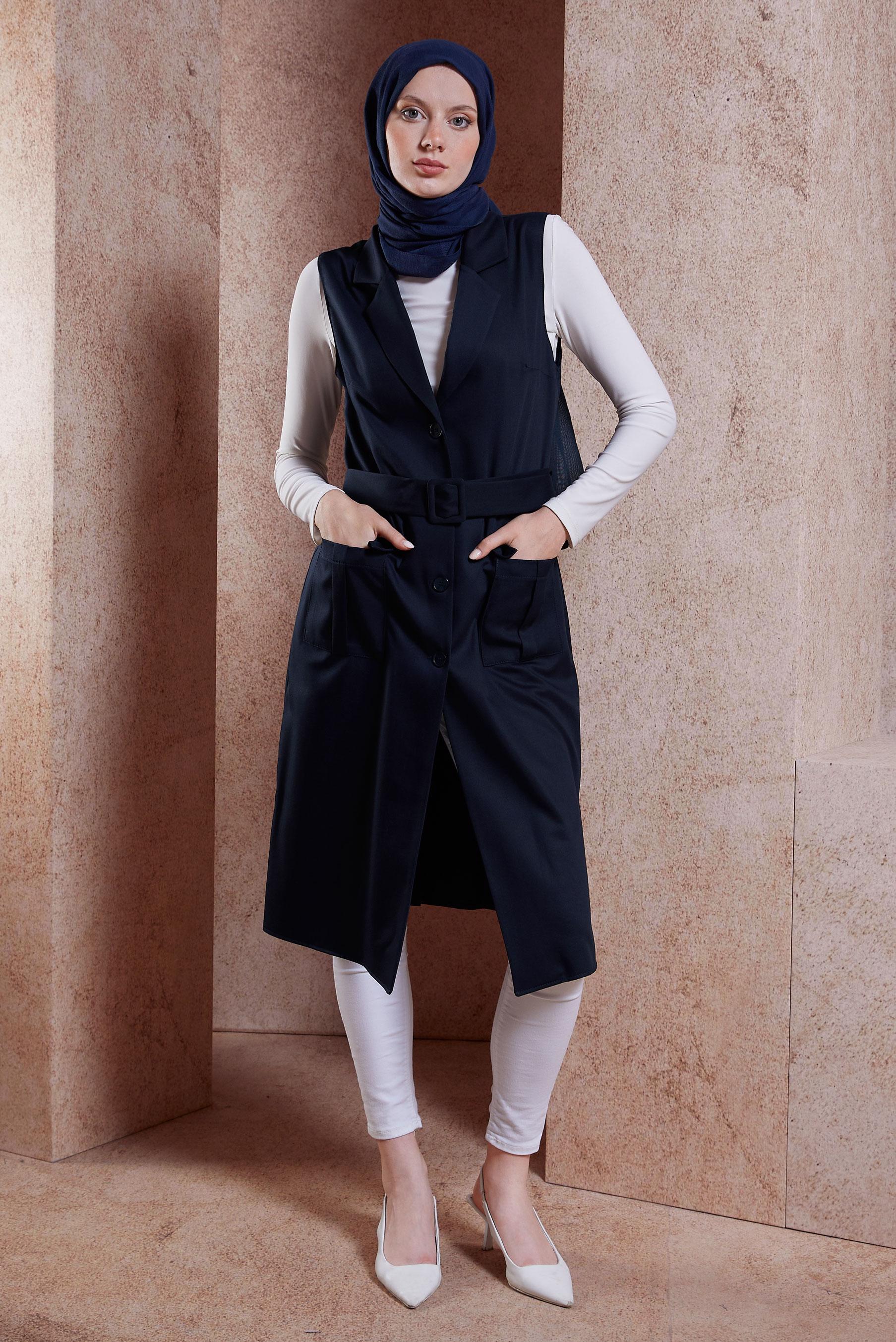 Hijab clothing NAVY BLUE BELTED VEST 44657