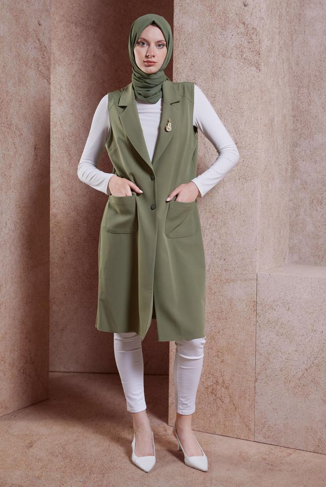 Vêtements hijab KAKI GILET AVEC BROCHE 44658 - ALVİNA