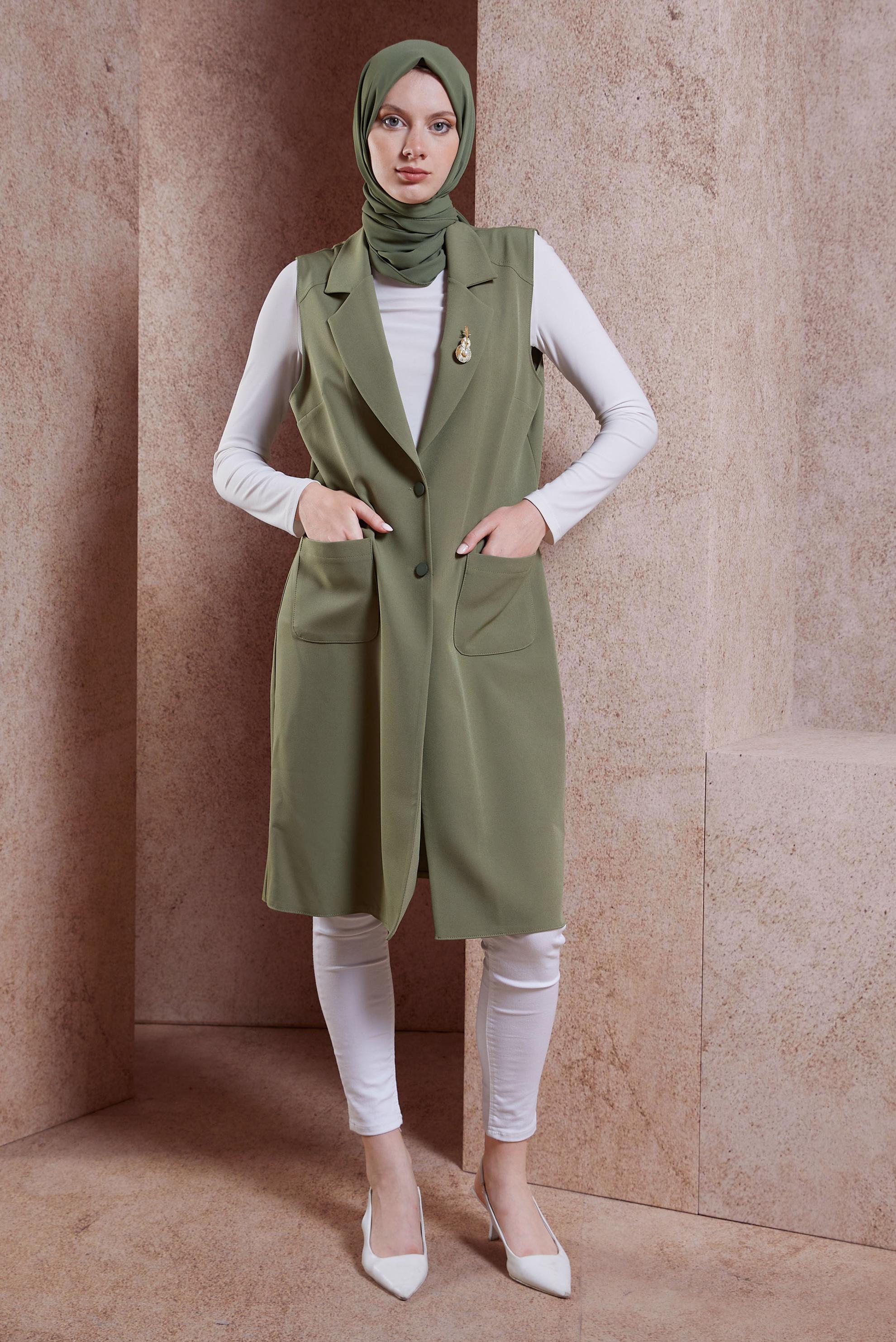 Vêtements hijab KAKI GILET AVEC BROCHE 44658