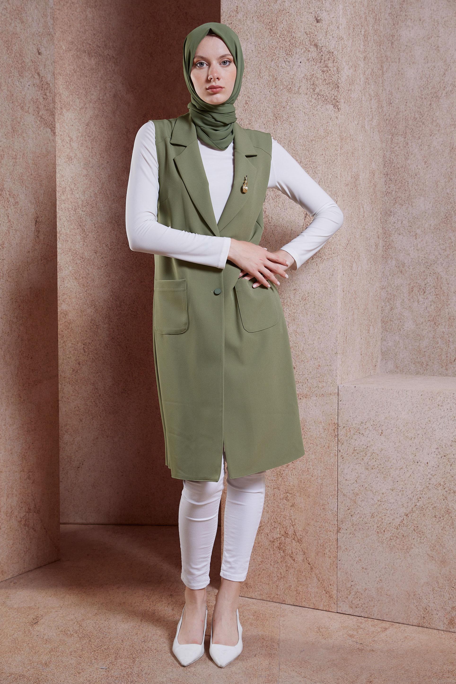 Vêtements hijab KAKI GILET AVEC BROCHE 44658