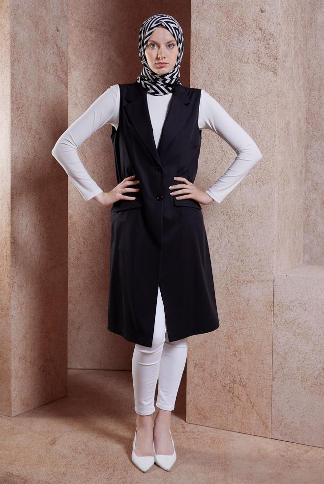 Vêtements hijab NOIR GILET À DOUBLE BOUTONNAGE 44660 - ALVİNA