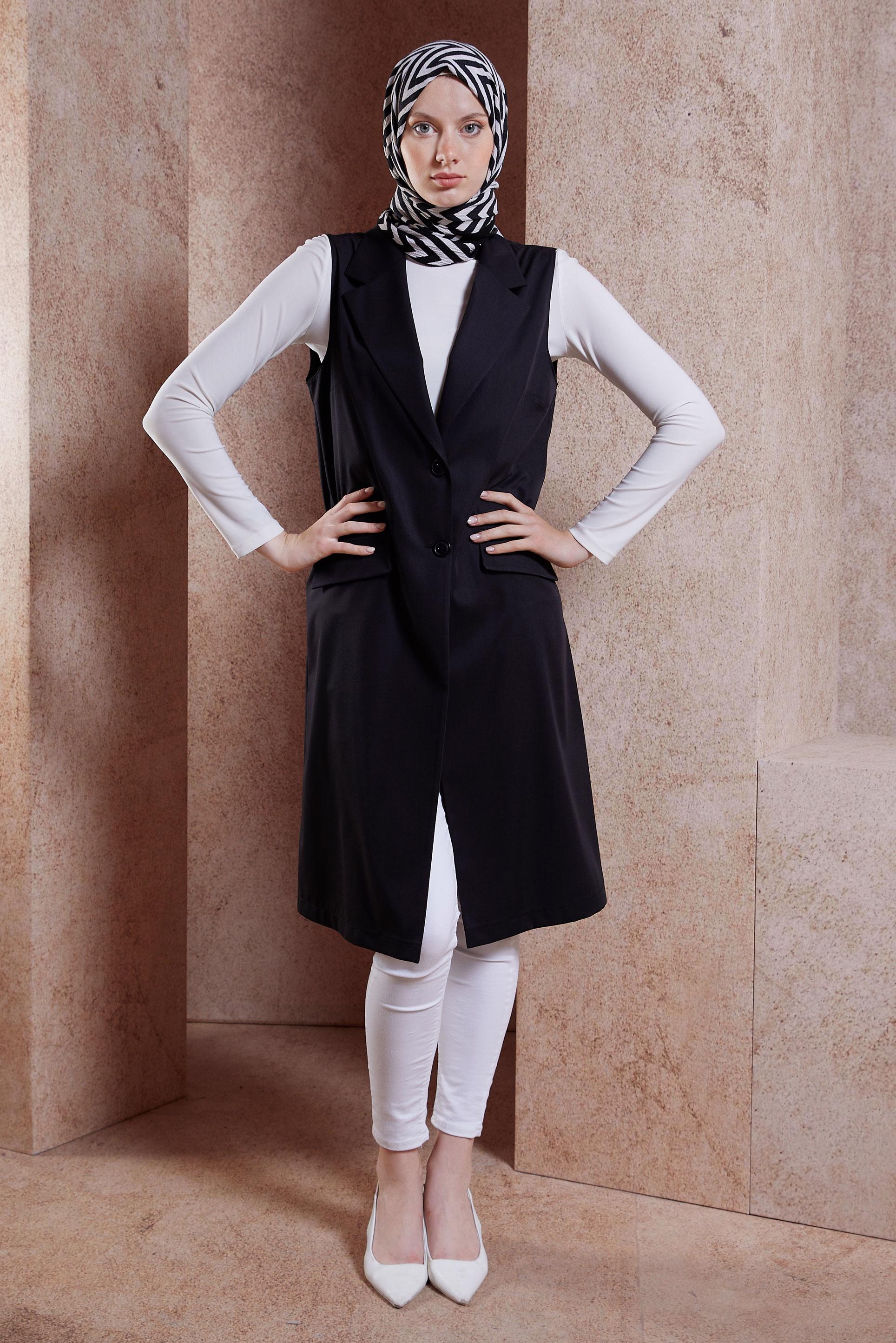 Tesettür giyim SİYAH KRUVAZE YAKA YELEK 44660