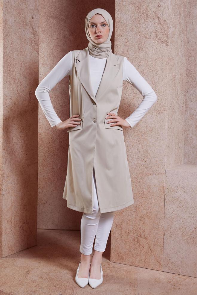 Vêtements hijab BEIGE GILET À DOUBLE BOUTONNAGE 44660 - ALVİNA