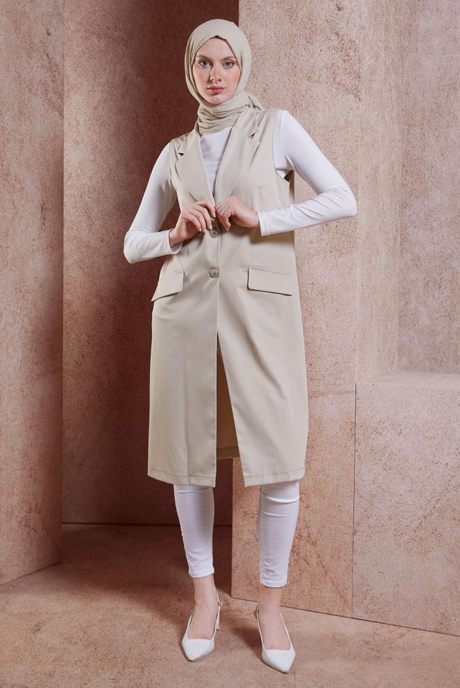Vêtements hijab BEIGE GILET À DOUBLE BOUTONNAGE 44660 - ALVİNA