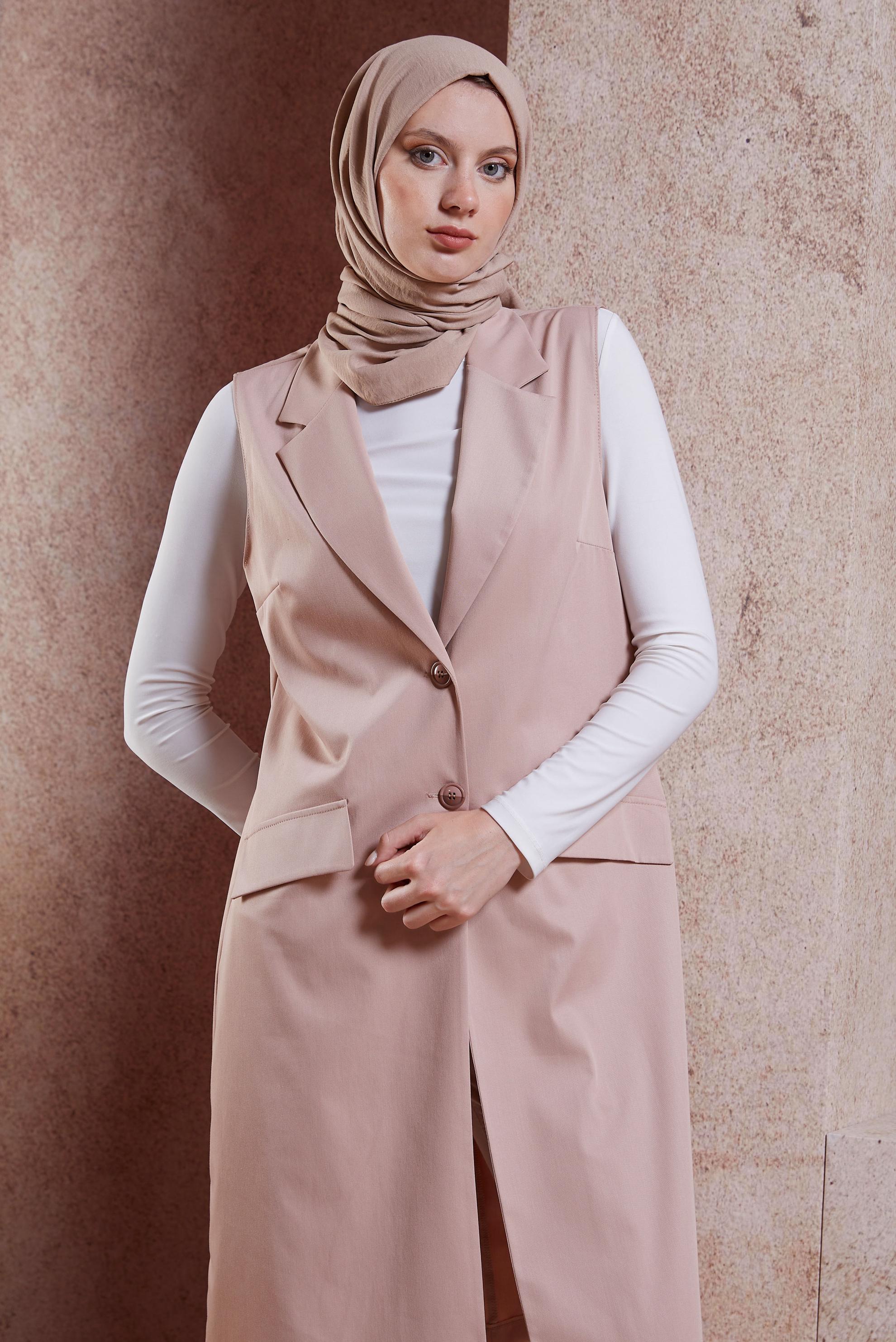 Tesettür giyim PUDRA KRUVAZE YAKA YELEK 44660