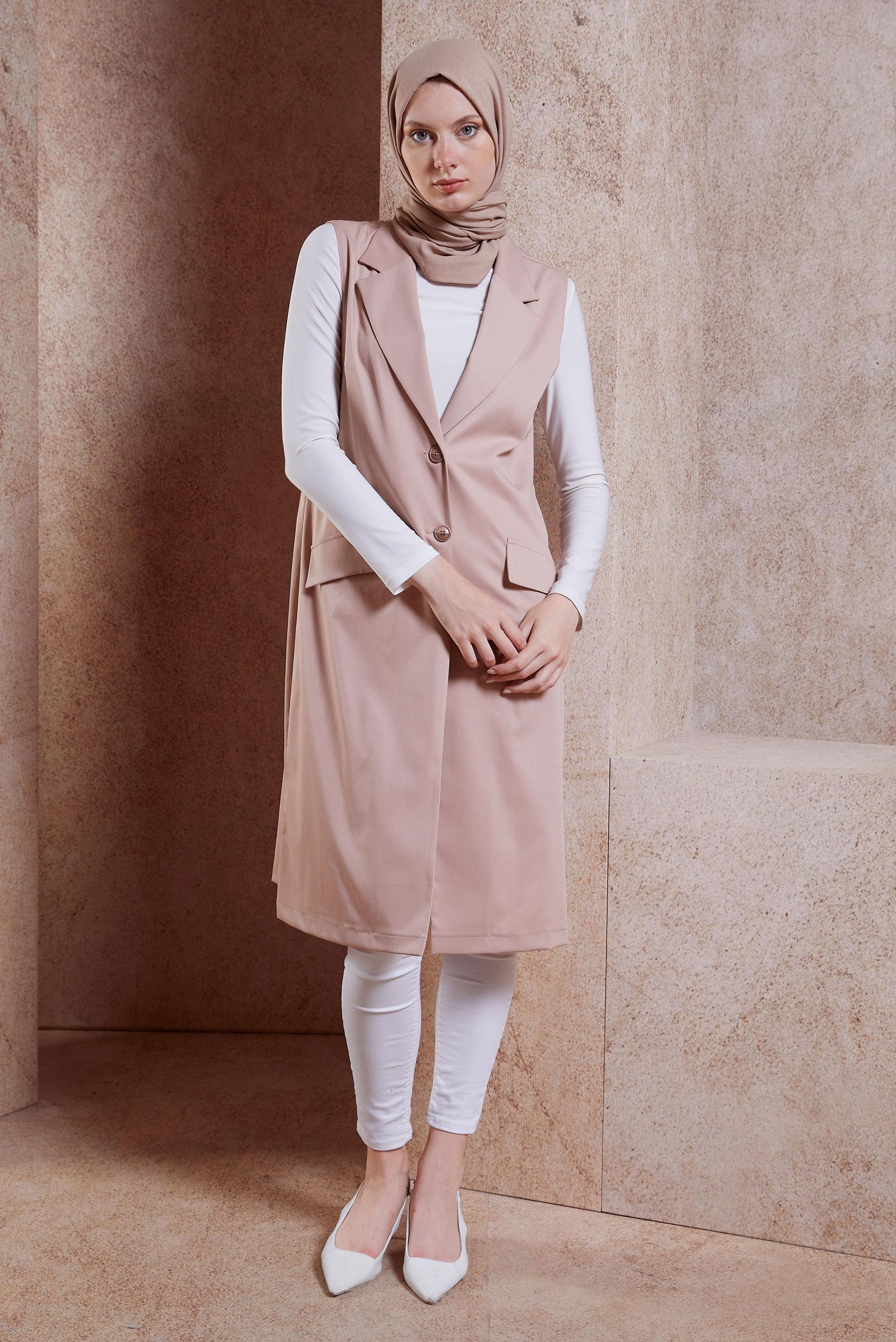 Tesettür giyim PUDRA KRUVAZE YAKA YELEK 44660