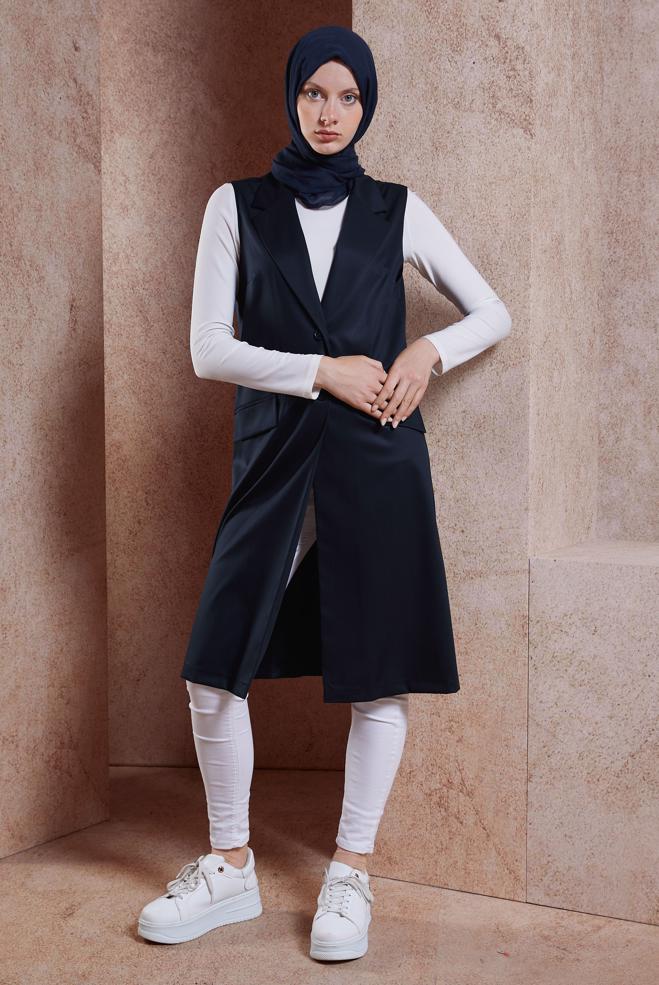 Tesettür giyim LACİVERT KRUVAZE YAKA YELEK 44660 - ALVİNA