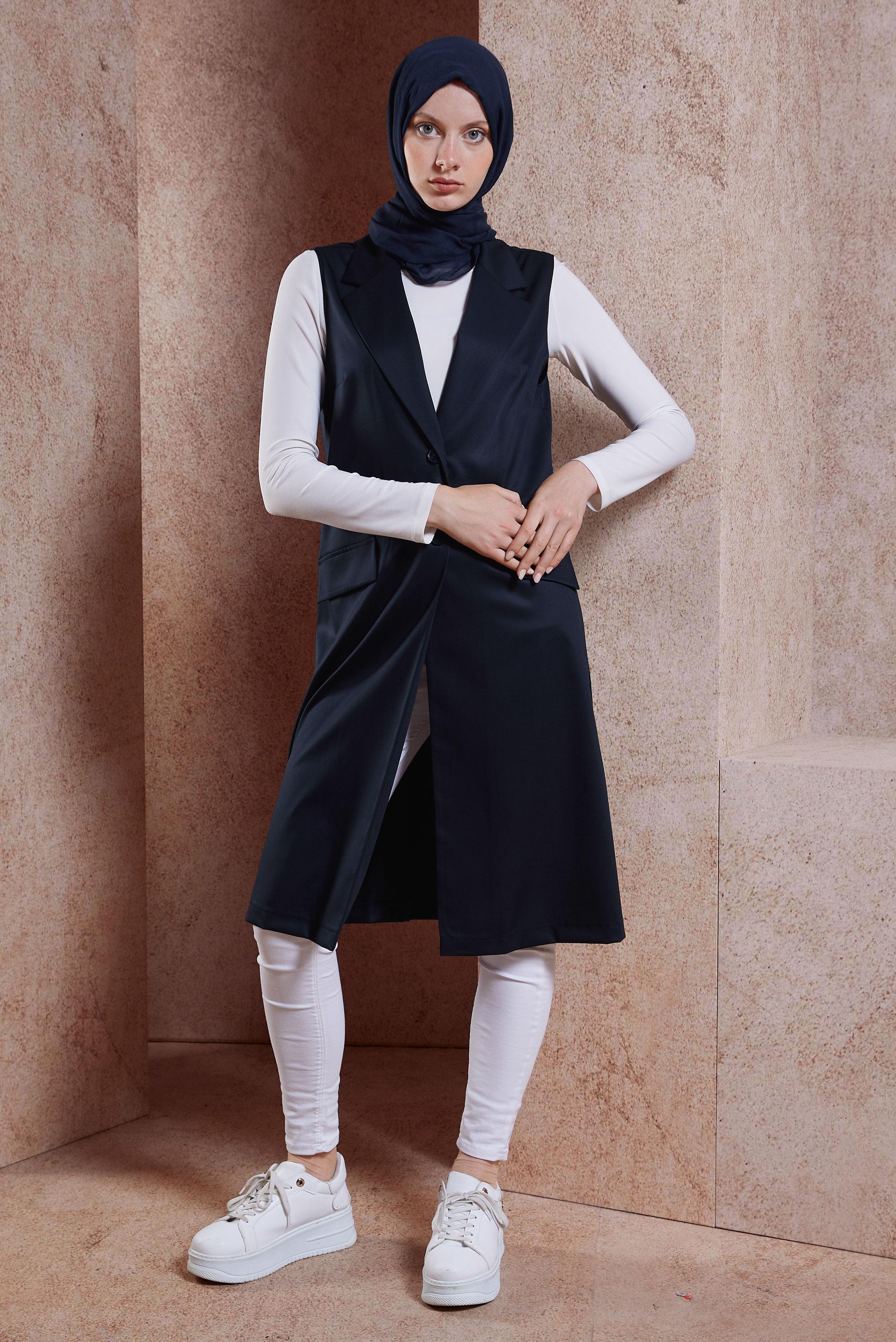 Tesettür giyim LACİVERT KRUVAZE YAKA YELEK 44660