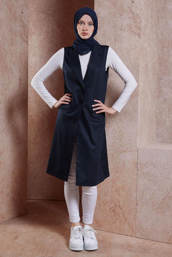 Tesettür giyim LACİVERT KRUVAZE YAKA YELEK 44660 - ALVİNA