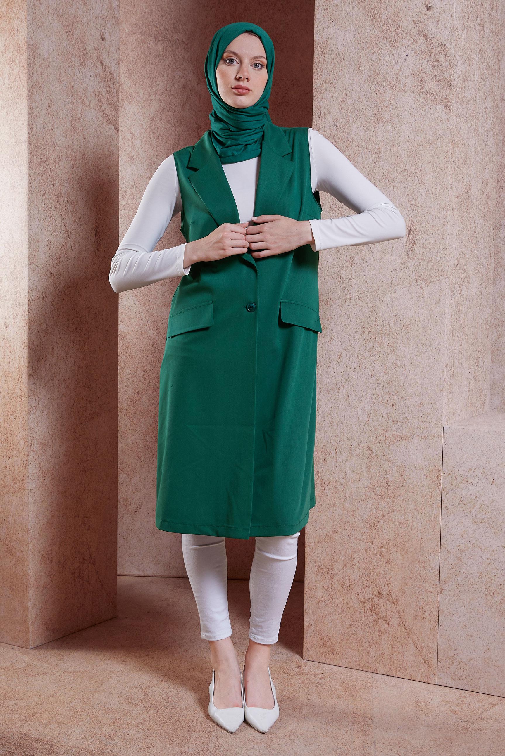 Tesettür giyim YEŞİL KRUVAZE YAKA YELEK 44660