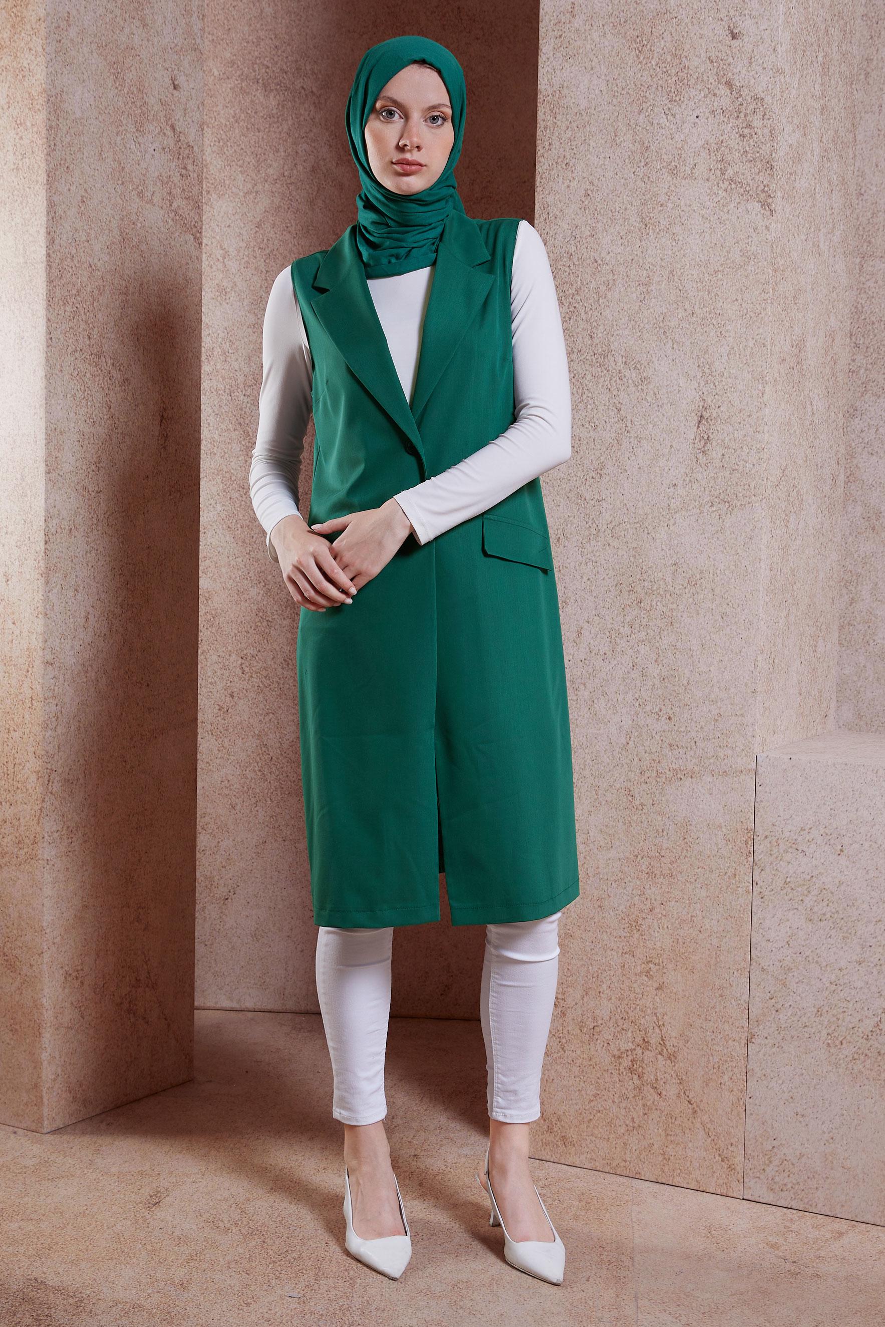 Tesettür giyim YEŞİL KRUVAZE YAKA YELEK 44660