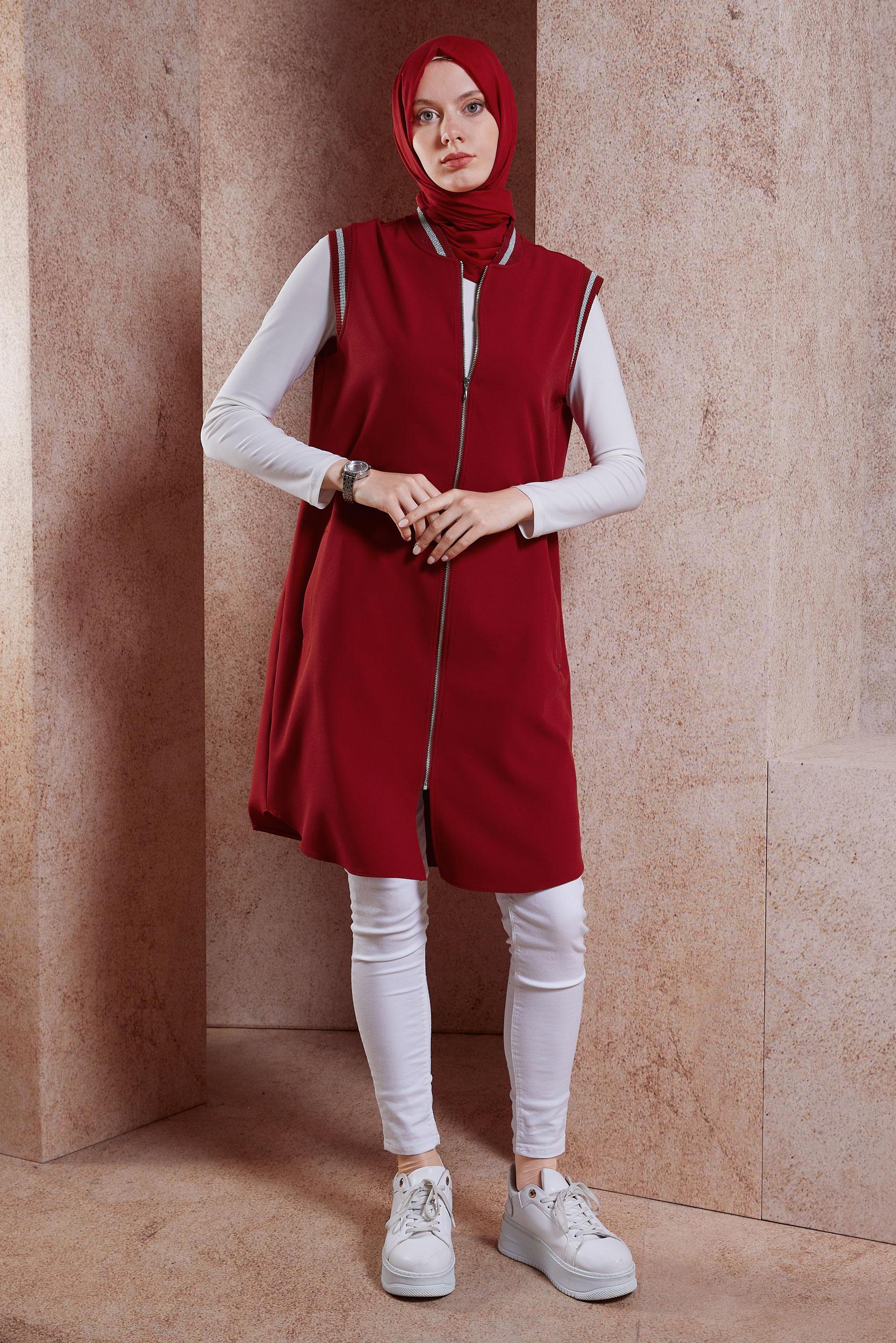 Tesettür giyim BORDO FERMUARLI YELEK 44661