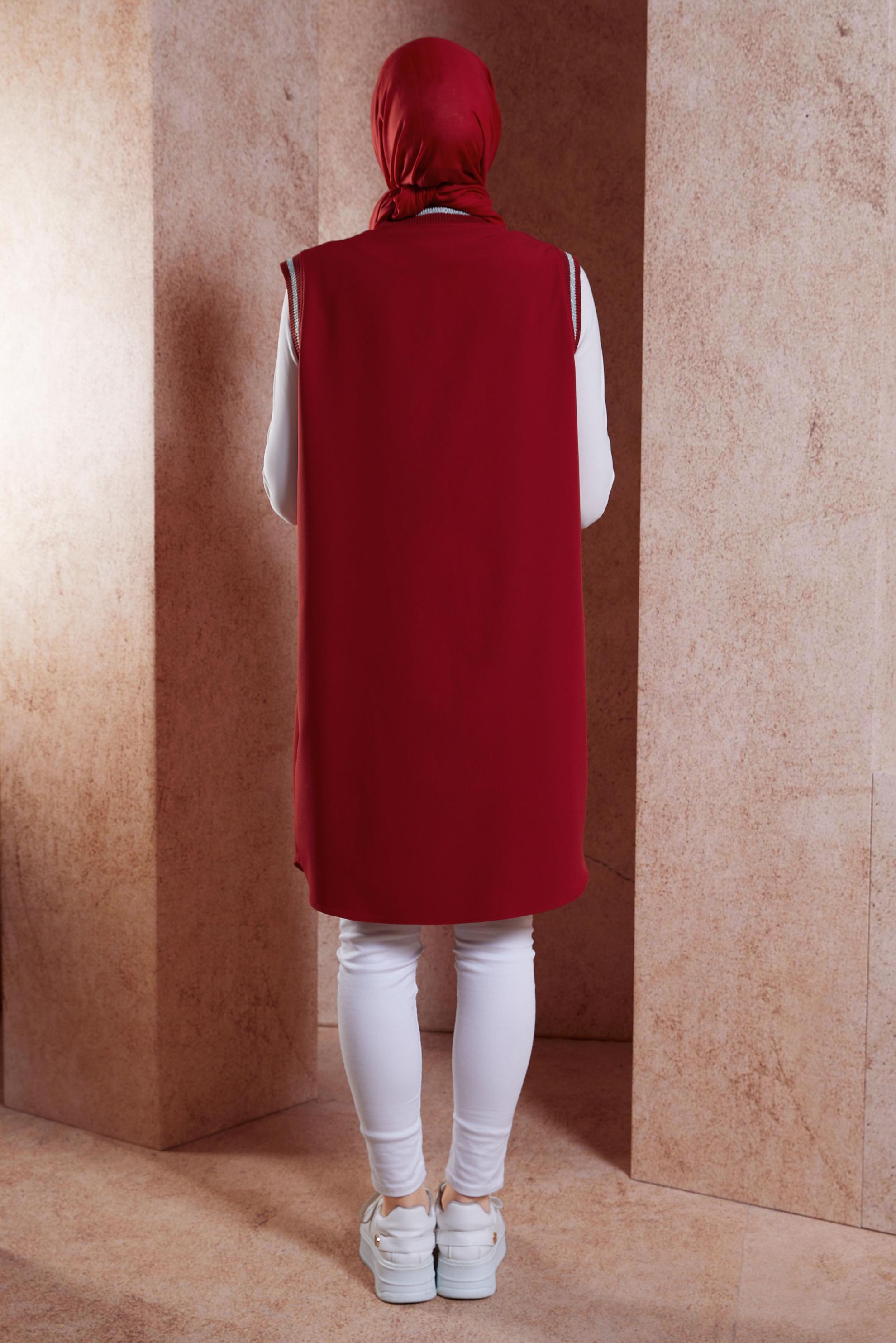 Tesettür giyim BORDO FERMUARLI YELEK 44661