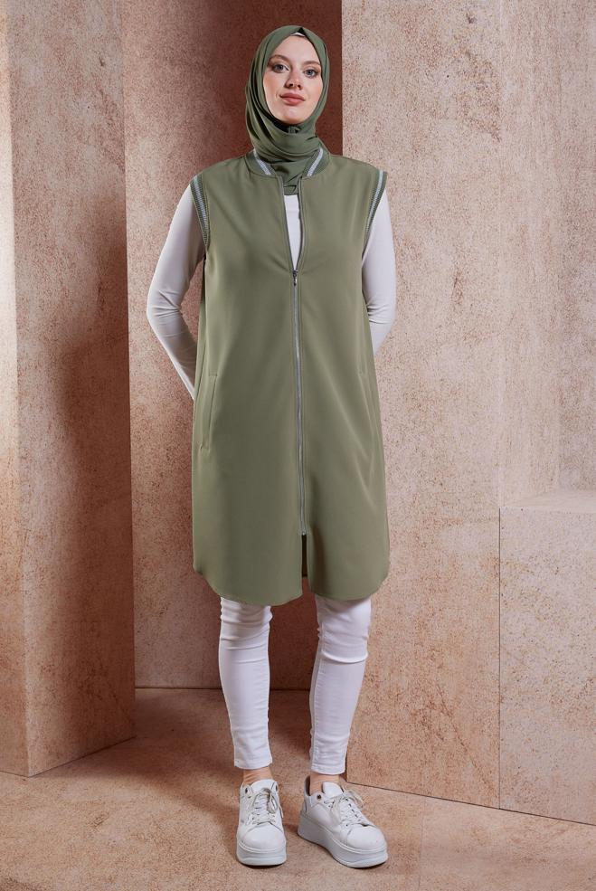 Tesettür giyim HAKİ FERMUARLI YELEK 44661 - ALVİNA