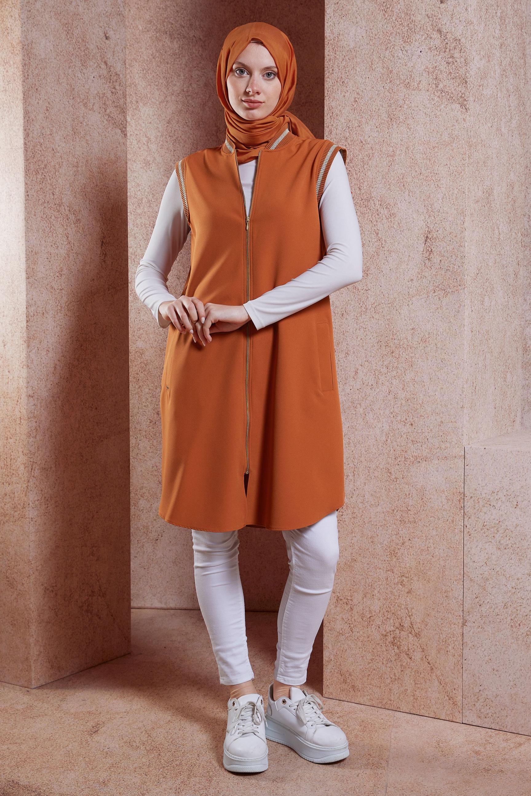 Tesettür giyim TURUNCU FERMUARLI YELEK 44661
