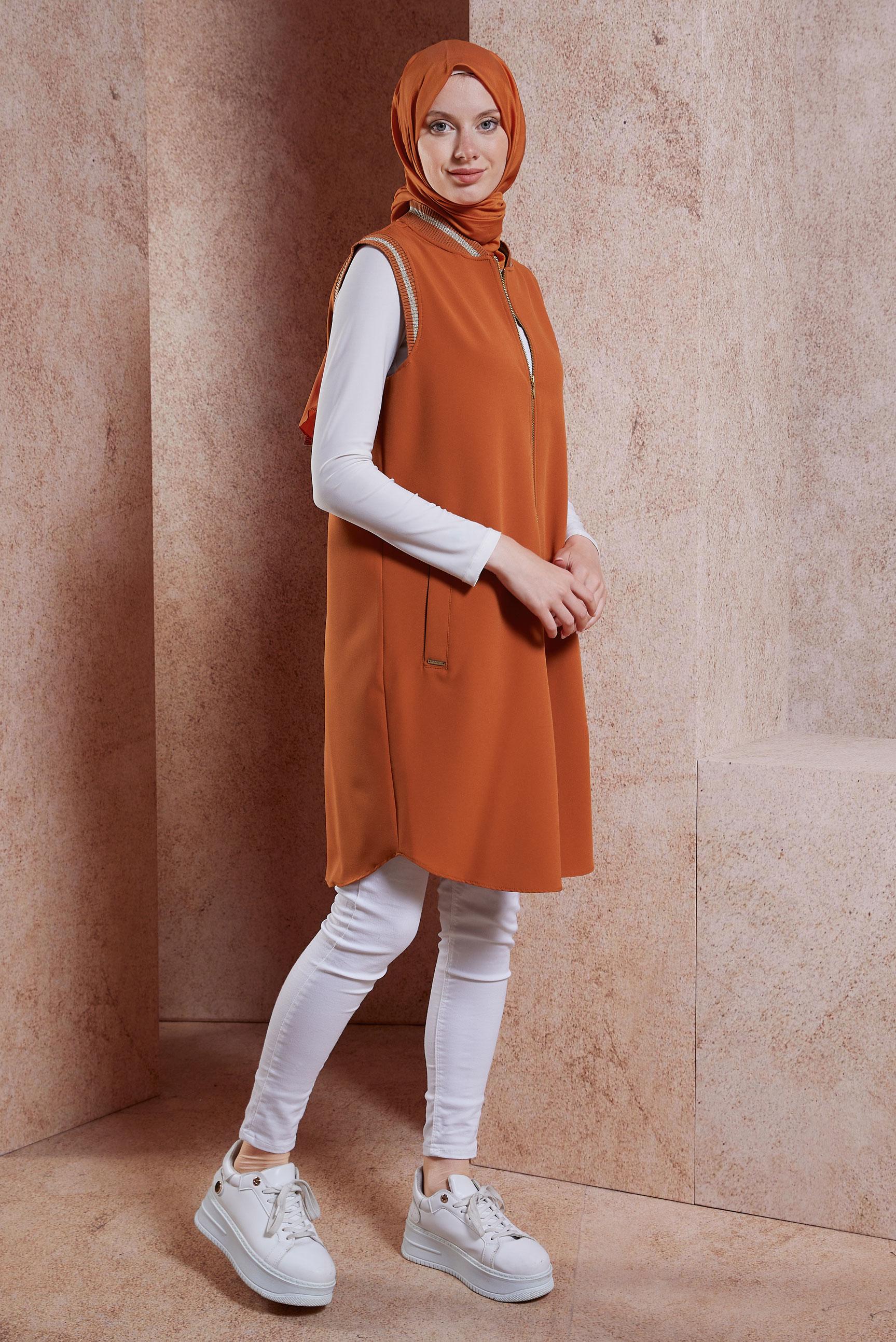 Tesettür giyim TURUNCU FERMUARLI YELEK 44661