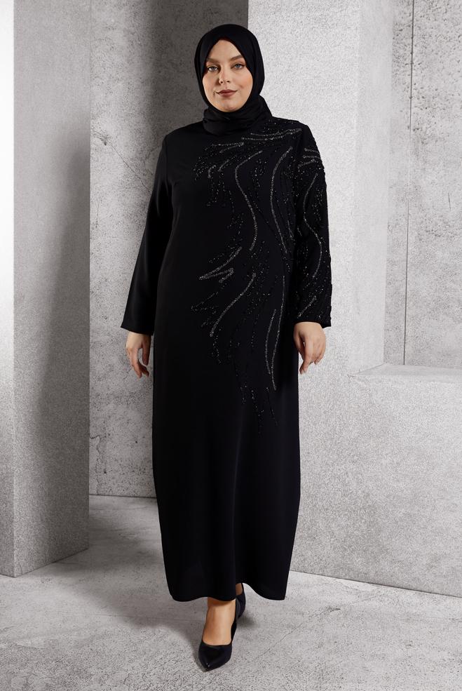 Vêtements hijab NOIR ROBE DE SOIRÉE BRODÉE DE PIERRES PRÉCIEUSES 20619 - ALVİNA
