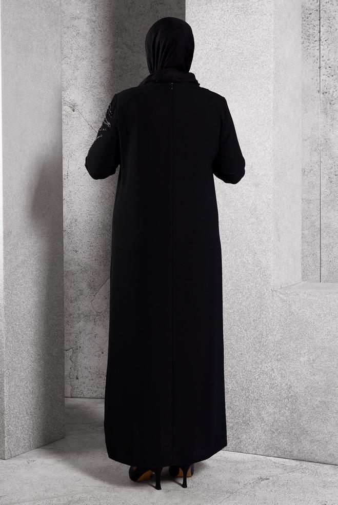 Vêtements hijab NOIR ROBE DE SOIRÉE BRODÉE DE PIERRES PRÉCIEUSES 20619 - ALVİNA