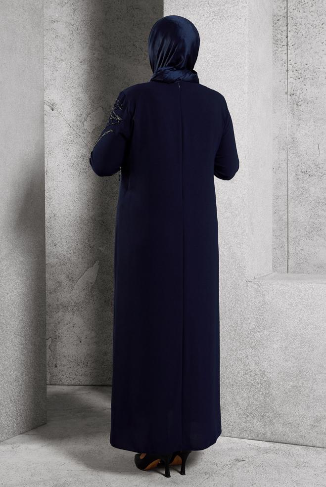 Vêtements hijab BLEU MARINE ROBE DE SOIRÉE BRODÉE DE PIERRES PRÉCIEUSES 20619 - ALVİNA