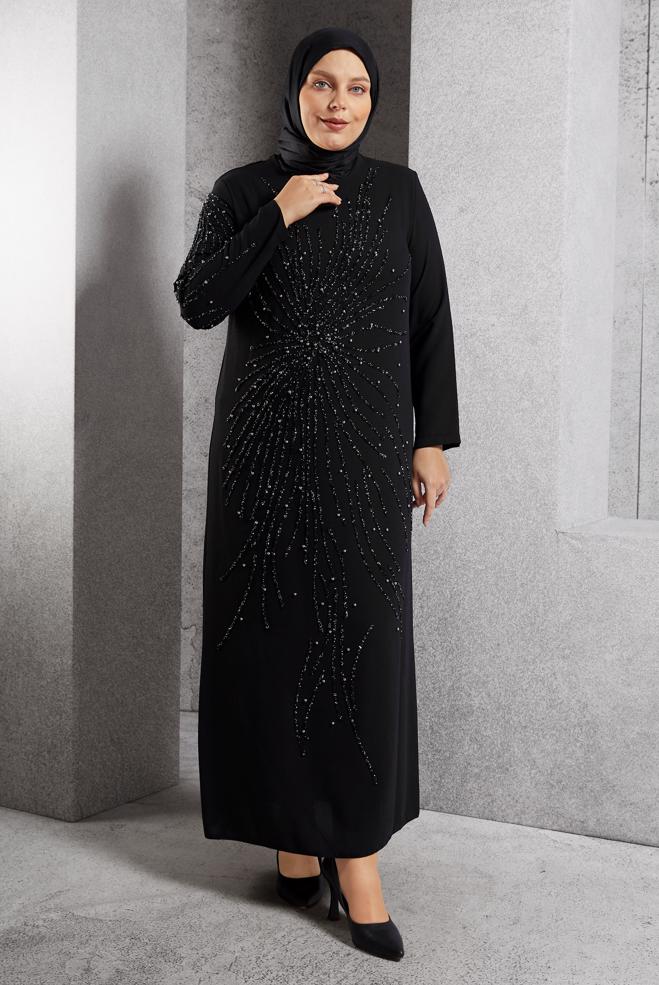 Vêtements hijab NOIR ROBE DE SOIRÉE AVEC BIJOU 20620 - ALVİNA