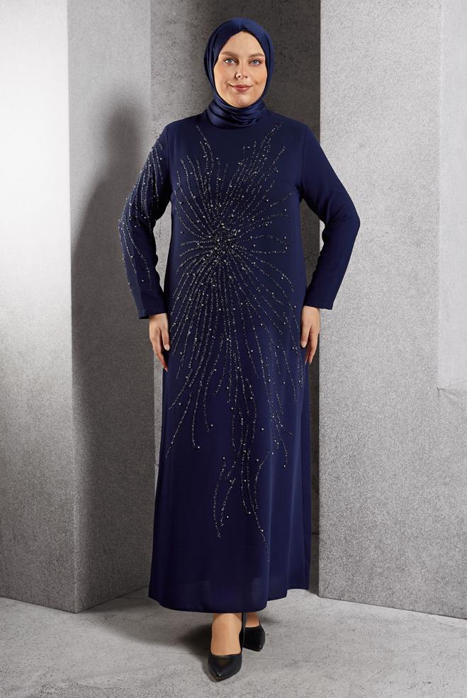 Vêtements hijab BLEU MARINE ROBE DE SOIRÉE AVEC BIJOU 20620 - ALVİNA