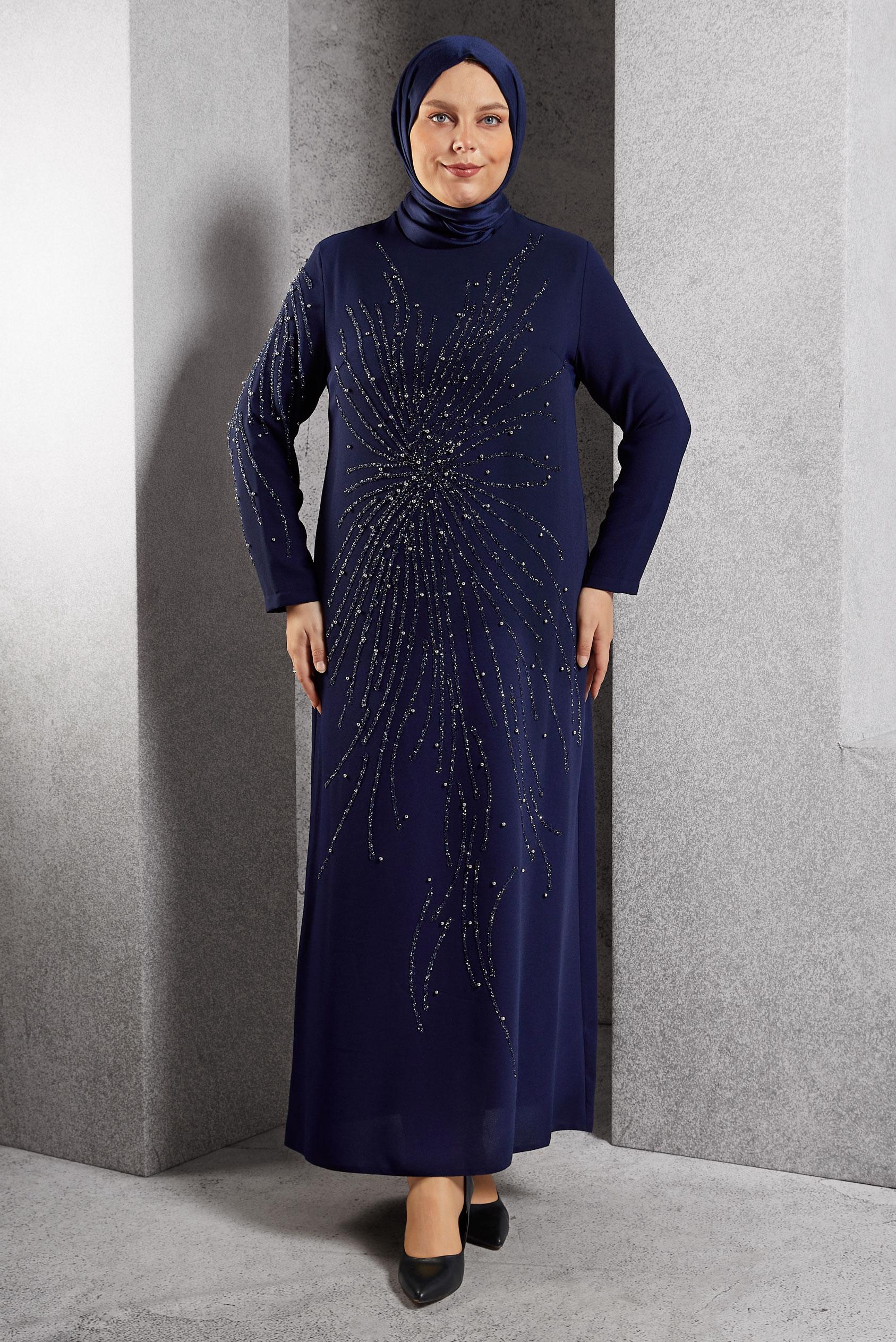 Vêtements hijab BLEU MARINE ROBE DE SOIRÉE AVEC BIJOU 20620