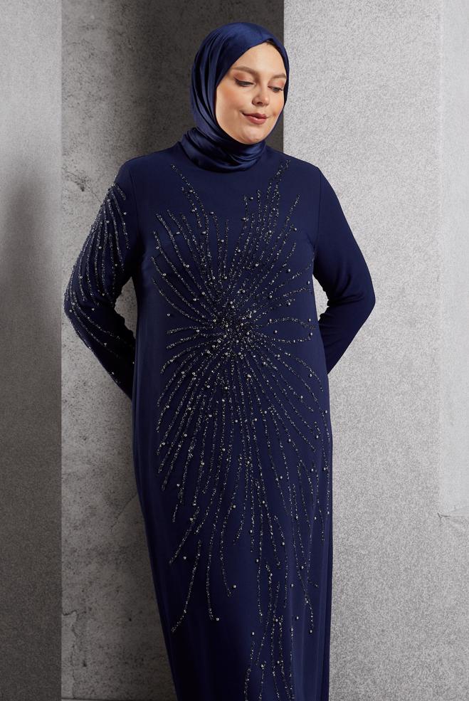Vêtements hijab BLEU MARINE ROBE DE SOIRÉE AVEC BIJOU 20620 - ALVİNA