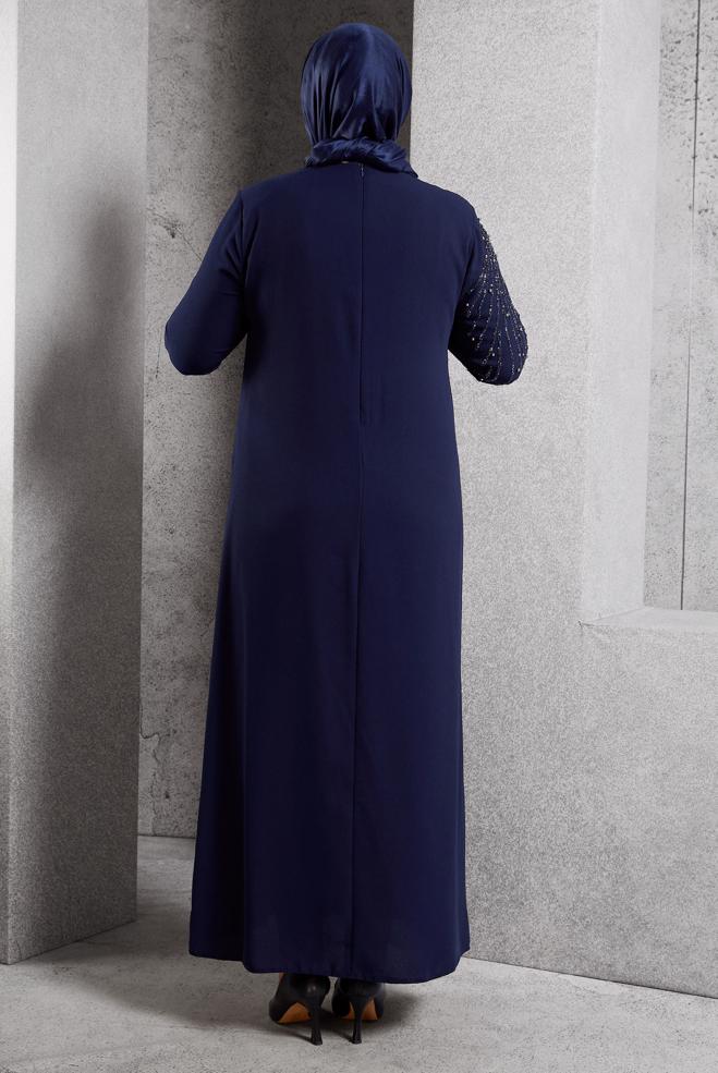 Vêtements hijab BLEU MARINE ROBE DE SOIRÉE AVEC BIJOU 20620 - ALVİNA