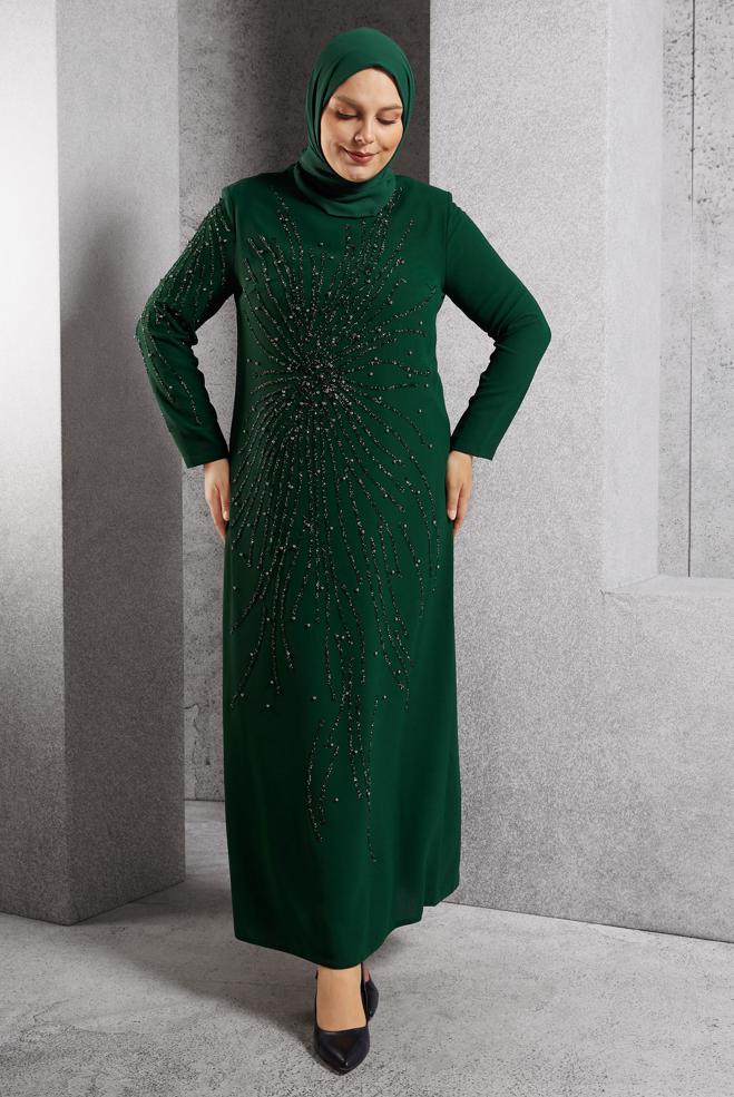 Vêtements hijab VERT ROBE DE SOIRÉE AVEC BIJOU 20620 - ALVİNA