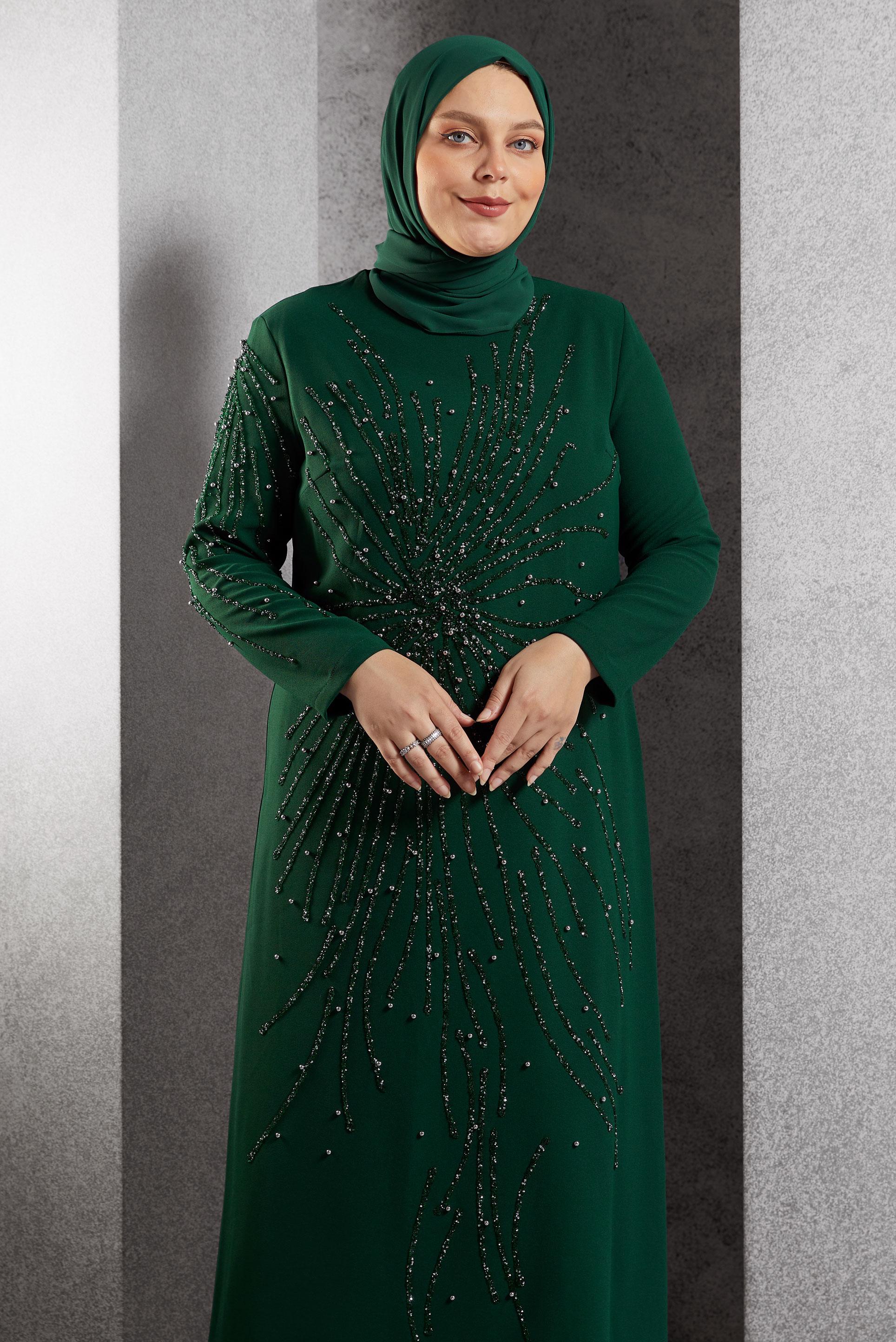 Vêtements hijab VERT ROBE DE SOIRÉE AVEC BIJOU 20620