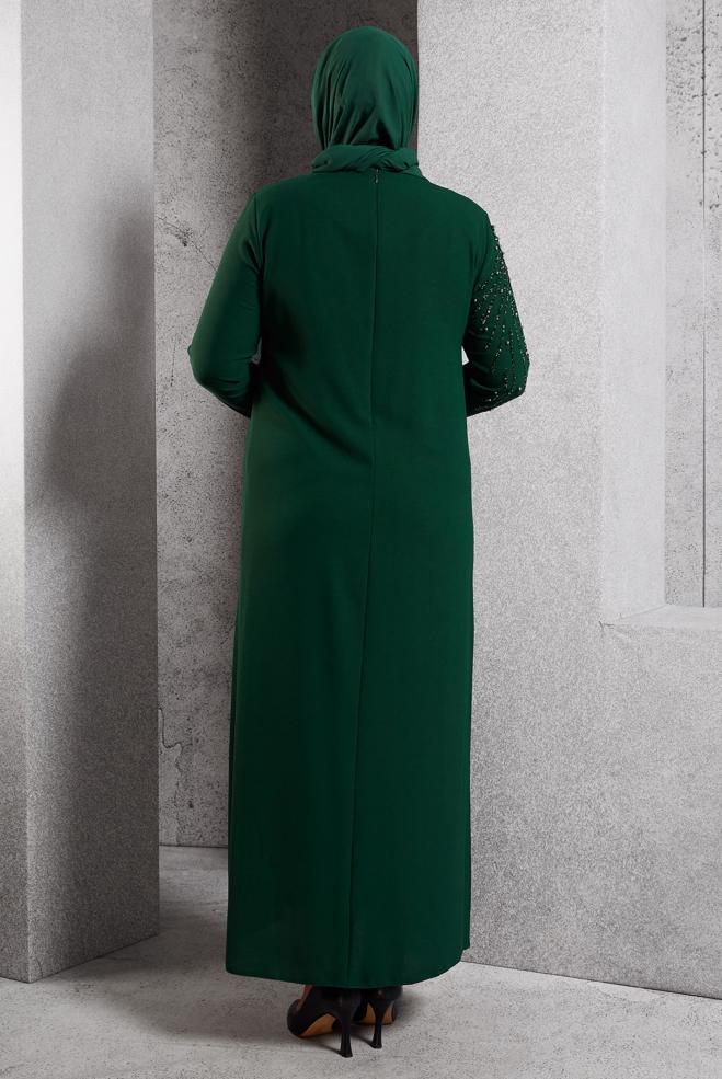 Vêtements hijab VERT ROBE DE SOIRÉE AVEC BIJOU 20620 - ALVİNA