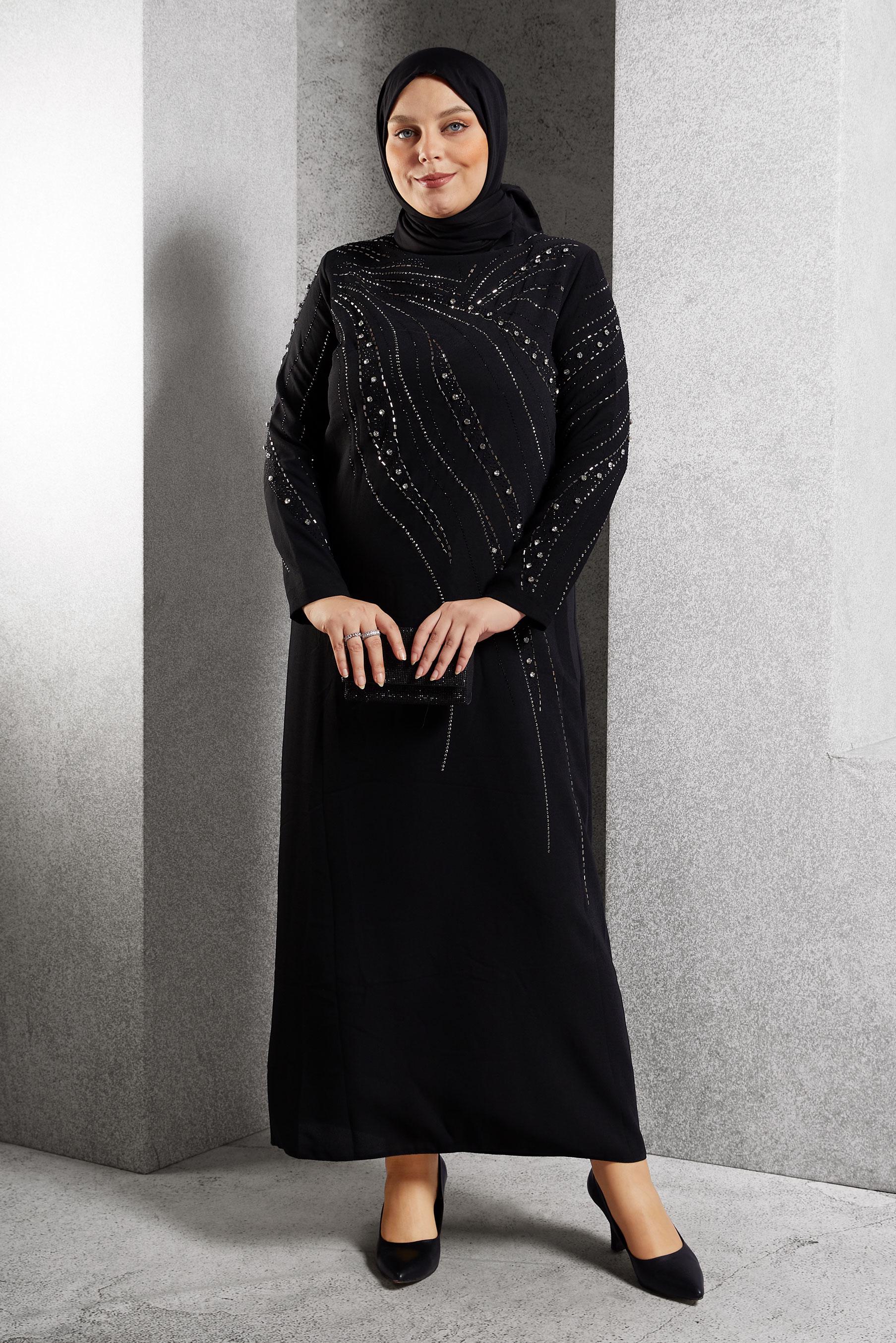 Vêtements hijab NOIR ROBE DE SOIRÉE AVEC BIJOU 20621