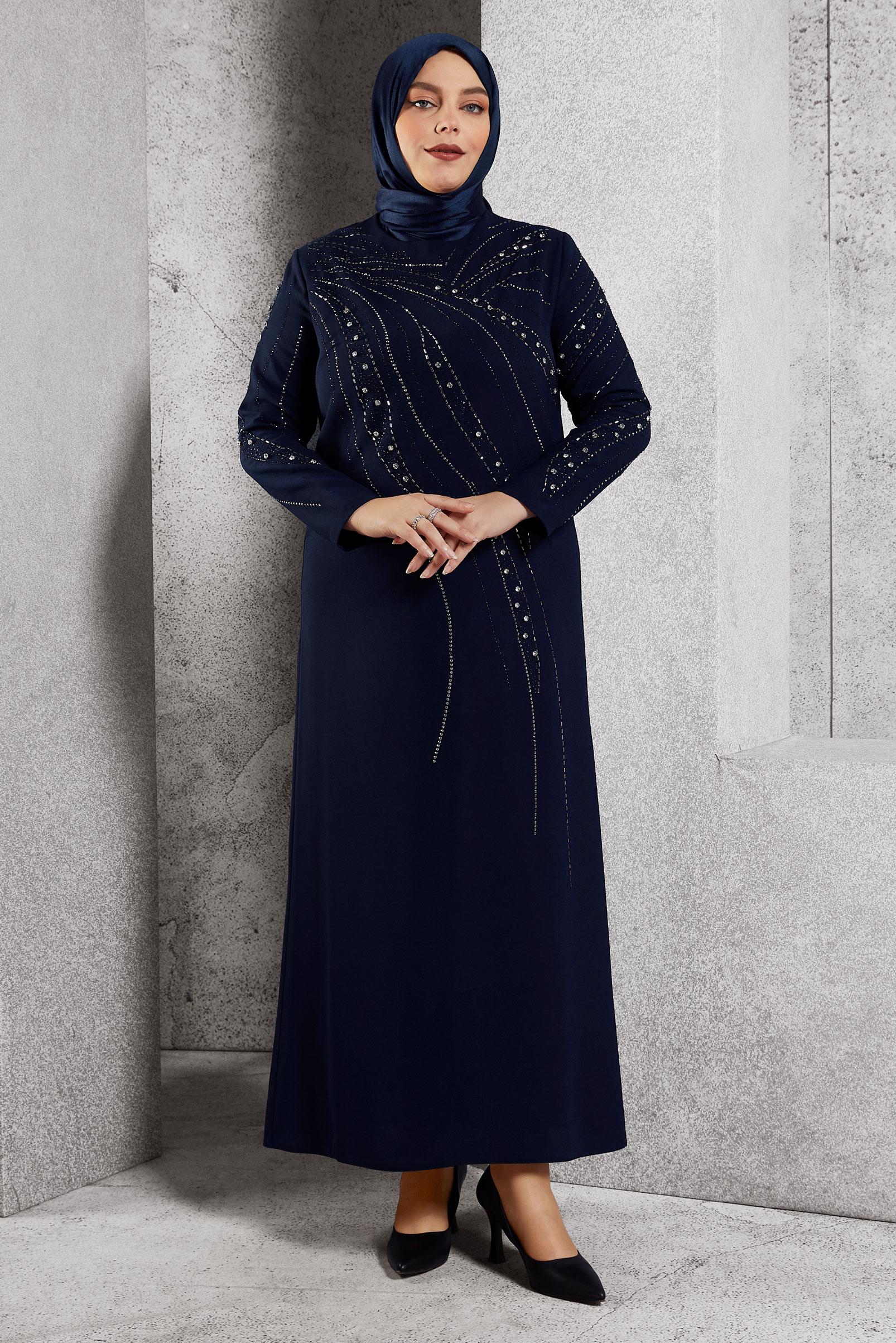 Vêtements hijab BLEU MARINE ROBE DE SOIRÉE AVEC BIJOU 20621