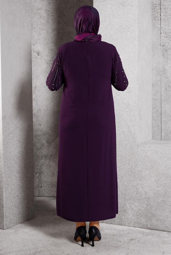 Tesettür giyim MÜRDÜM TAŞ BASKILI ABİYE ELBİSE 20621 - ALVİNA