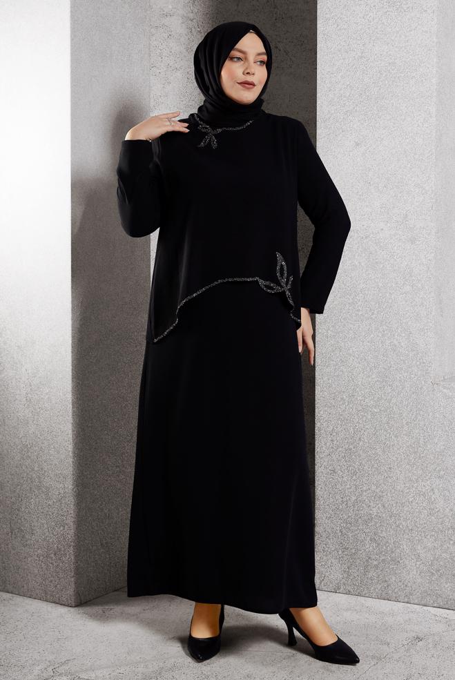 Vêtements hijab NOIR ROBE DE SOIRÉE AVEC BIJOU 20622 - ALVİNA