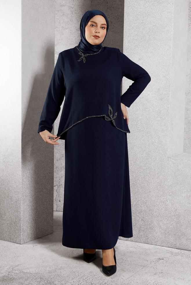 Vêtements hijab BLEU MARINE ROBE DE SOIRÉE AVEC BIJOU 20622 - ALVİNA