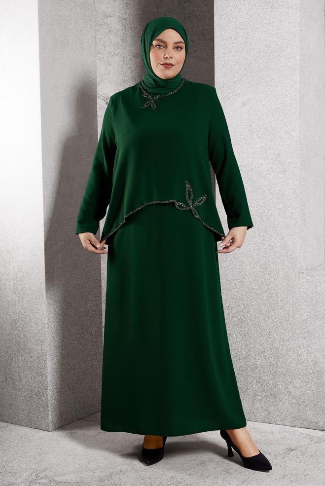 Vêtements hijab VERT ROBE DE SOIRÉE AVEC BIJOU 20622 - ALVİNA