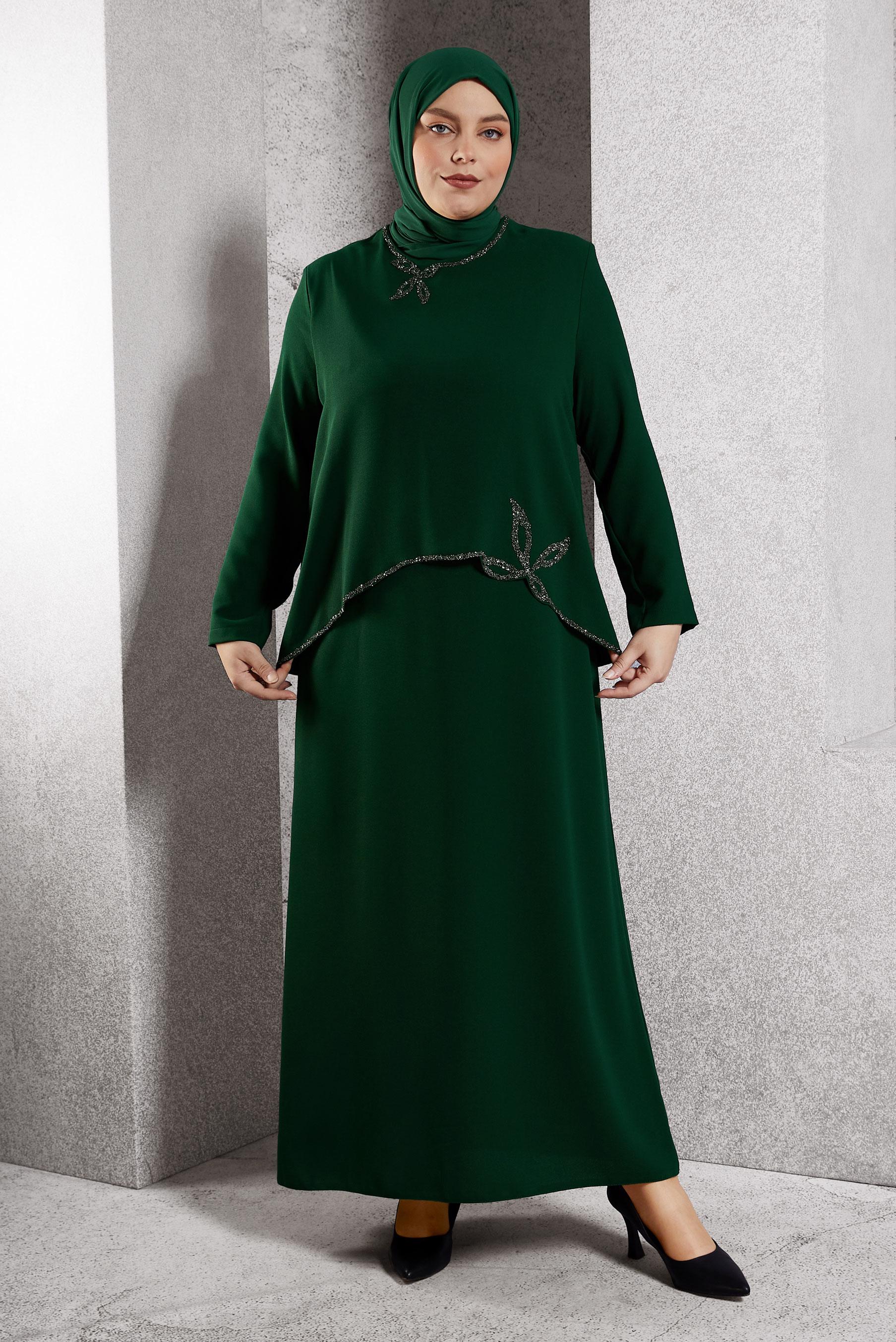 Vêtements hijab VERT ROBE DE SOIRÉE AVEC BIJOU 20622